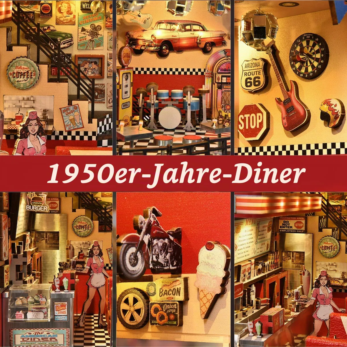fifijoy Book Nook Kit - DIY Miniaturhaus Puppenhaus Kit für Erwachsene und Jugendliche, Booknook Retro Diner Bücherregal Dekor 3D Holzpuzzle mit LED-Licht, Geschenke für Familie und Freunde (1950er