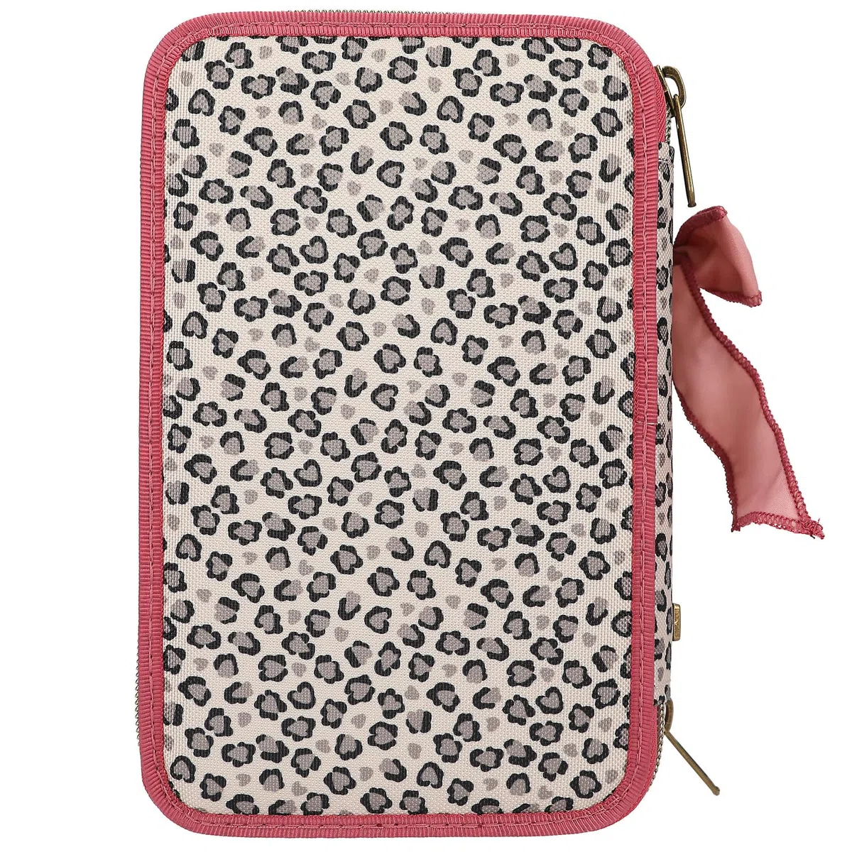 Depesche 13639 TOPModel Leoheart - Gefüllte 3-Fach Federtasche in Rosa und Rot, mit Model Motiv und Leo-Print, Federmappe mit Buntstiften, Schere, Lineal UVM.