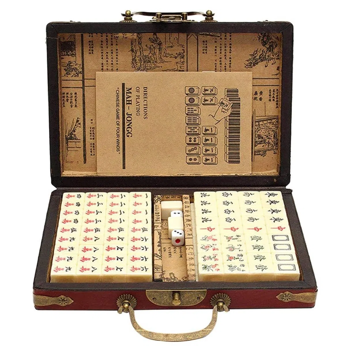 144 Mahjong Fliesen, Antique Mahjong Anzug Mahjong Set Reise Tragbares chinesisches Mah Jong antikes Familienspiel Töte langweilige Zeit für Erwachsene, lustige kleine Spiele