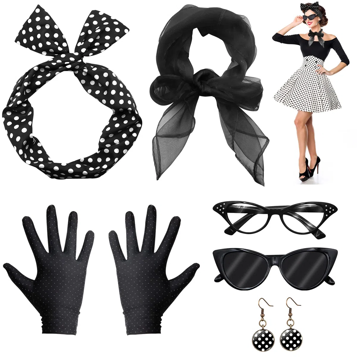 VEGCOO 6 Teiliges Rockabilly Accessoires Damen,50er Jahre Kostüm Damen Vintage Kleidungszubehör einschließlich Stirnband Handschuhe Brillen Requisiten Set
