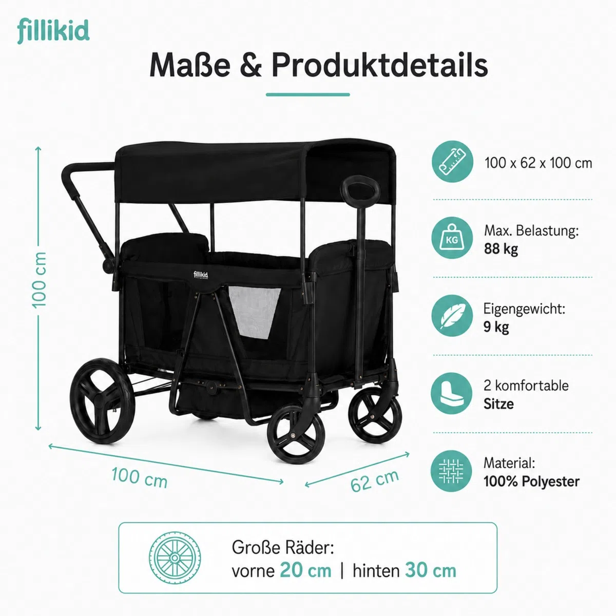 Fillikid Bollerwagen Oskar Exklusiv I Faltbarer Handwagen mit Dach, Schiebegriff I Transportwagen für Kinder & Gepäck, belastbar bis 88 kg I stabil & platzsparend klappbar I 2-Sitzer mit Gurtsystem