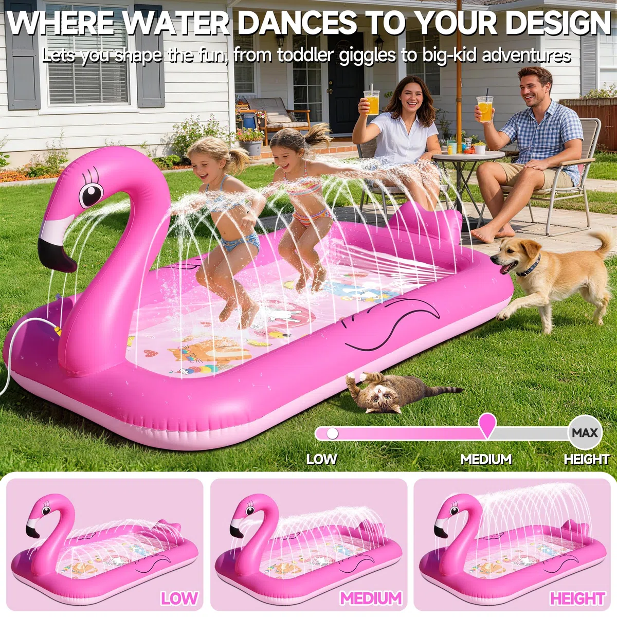KingSom Splash Pad für Kinder,Flamingo Wassersprinkler Matte mit Antirutschfunktion,Verdickte Wasserspielzeug Kinder Outdoor Wasserspielmatte,Aufblasbares Garten Pool Spielzeug Sprinkler mit Brunnen
