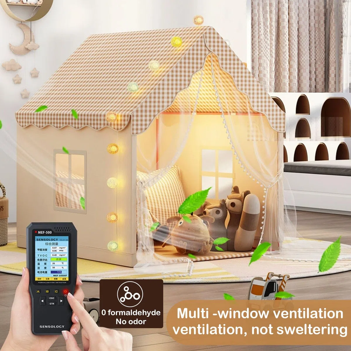 Kinderzelt mit Lichtern und Flaggen, Kinder Bettzelt, Innenbettzelt für Kleinkinder, Spielzelt für drinnen, Prinzessin Zelt mit Fenstern, Kinderspielhaus für Jungen und Mädchen - Khaki (47 * 40 * 51)