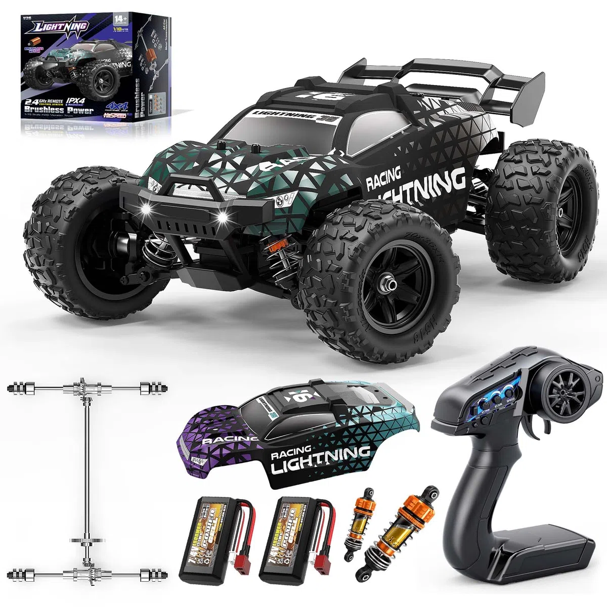 Ferngesteuertes Auto 1:18 Brushless 4WD RC Auto 52 km/h für Erwachsene & Jungen ab 10 Jahren, Offroad RC Auto mit Vollmetall-Antrieb, ölgefüllten Stoßdämpfern, 2 Akkus & 2 Karosserien