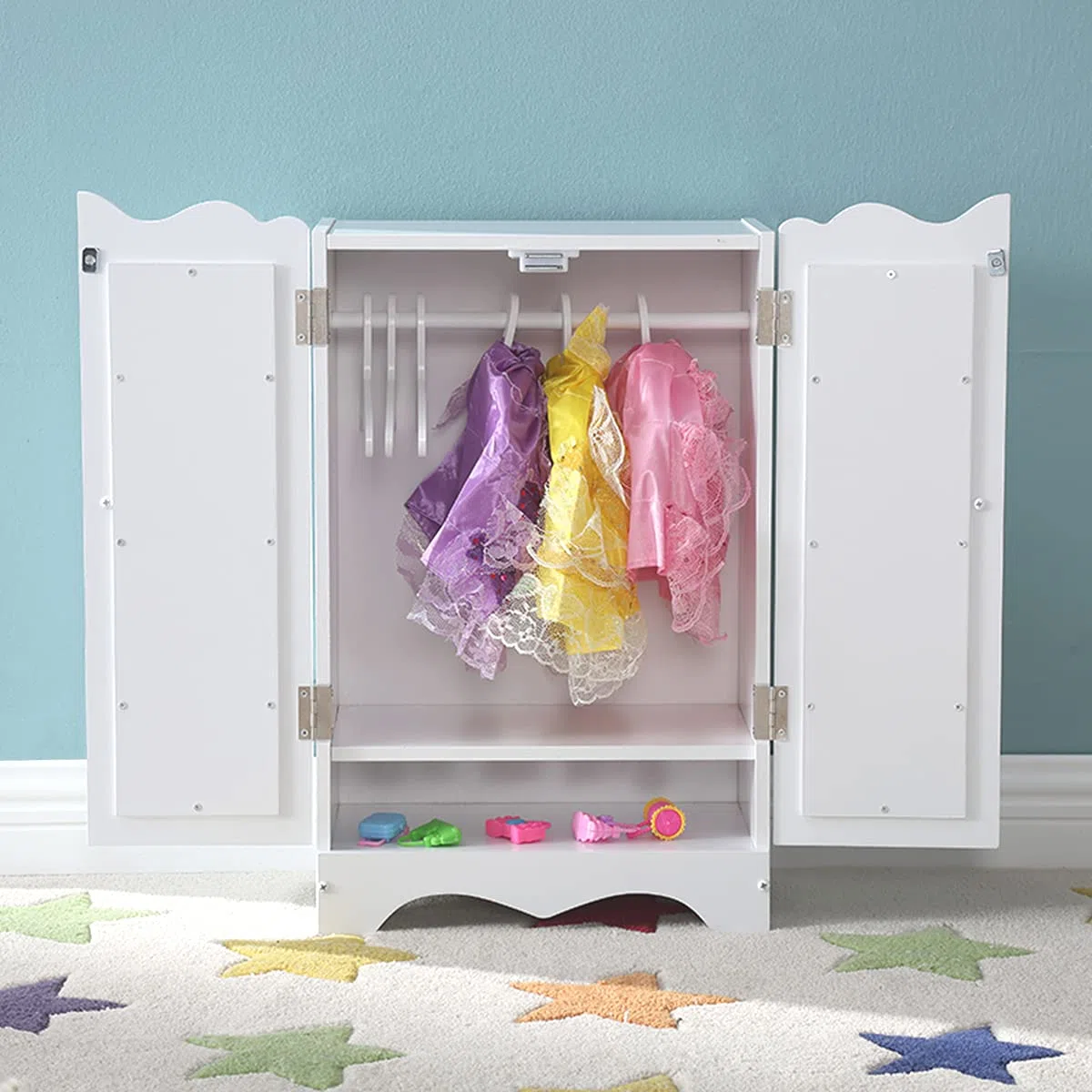 Holzpuppenmöbel mit 6 Kleiderbügeln Offener Kleiderschrank Organizer Puppenschrank für Puppen Spielzeug Puppenhaus Zubehör Passend für Puppe bis 20''