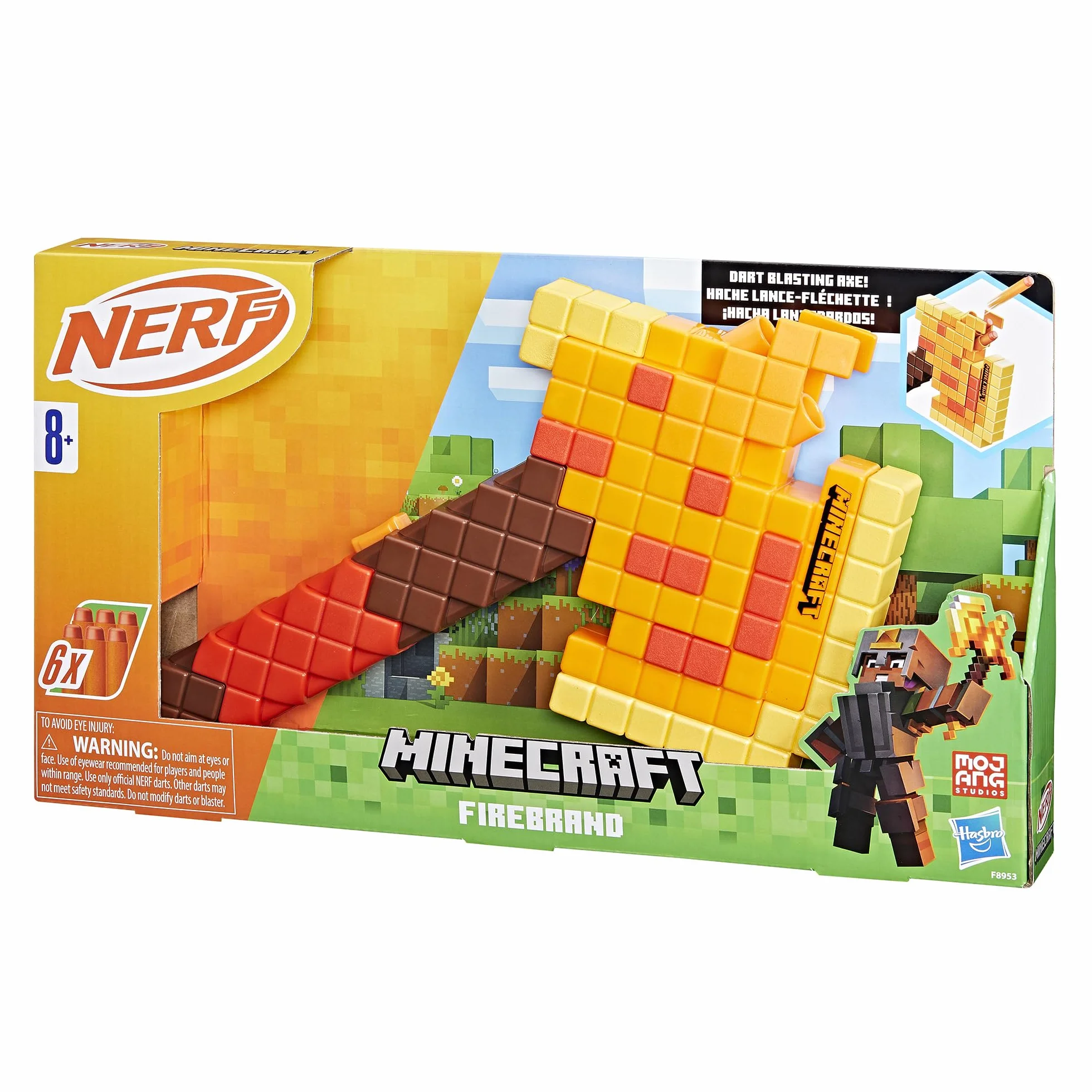 NERF Minecraft Firebrand Dart Blasting Axt, 6 Elite Foam Darts, Design Inspired by Axe in The Game, Pull Down Priming, Toys