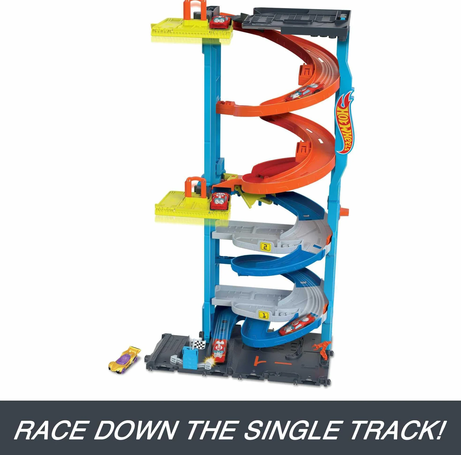 Hot Wheels City Trackset mit 1 Hot Wheels Auto, 2-in-1-Rennturm, von Einzelbahn in zweispurige Rennbahn umwandelbar, manueller Aufzug, HKX43