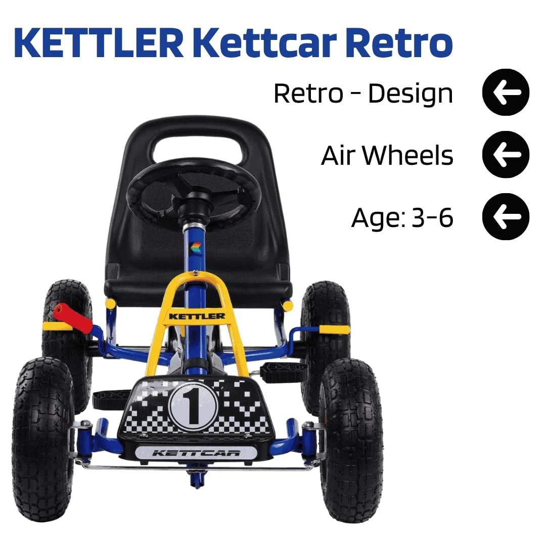 KETTLER Kettcar Retro | Go-Kart | mit Handbremse & Luftbereifung (Blau)