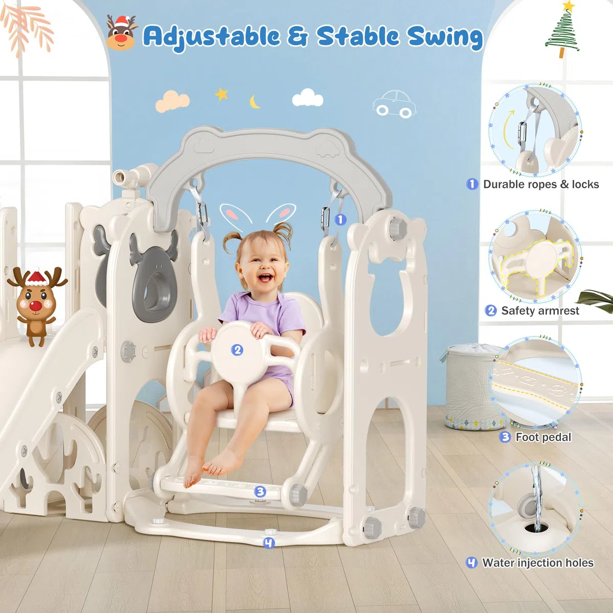 Schaukel Rutsche,6-in-1-Rutsche und Schaukel für Kleinkinder mit Basketballkorb,Klettergerüst,Teleskop,Aufbewahrung,stabile und langlebige große Rutschenschaukel für Kleinkinder(Beige/Grau)