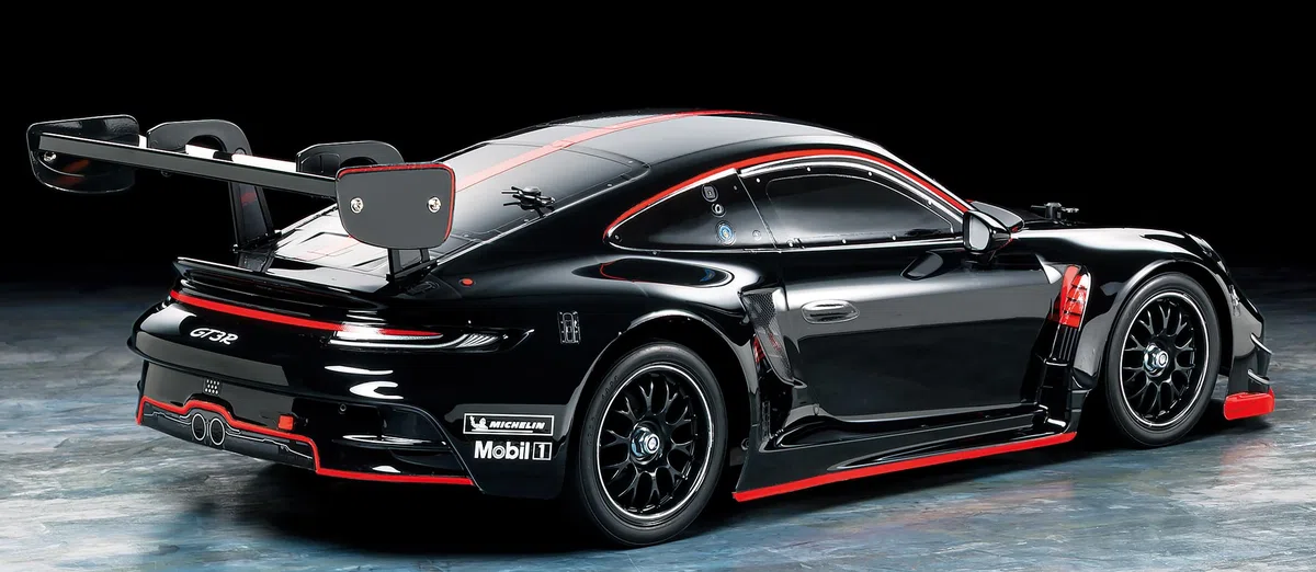Tamiya 58745 1:10 RC Porsche 911 GT3 R (992) - ferngesteuertes Auto, Fahrzeug, Modellbau, Zusammenbauen, Hobby, RC Bausatz, unlackiert, Schwarz