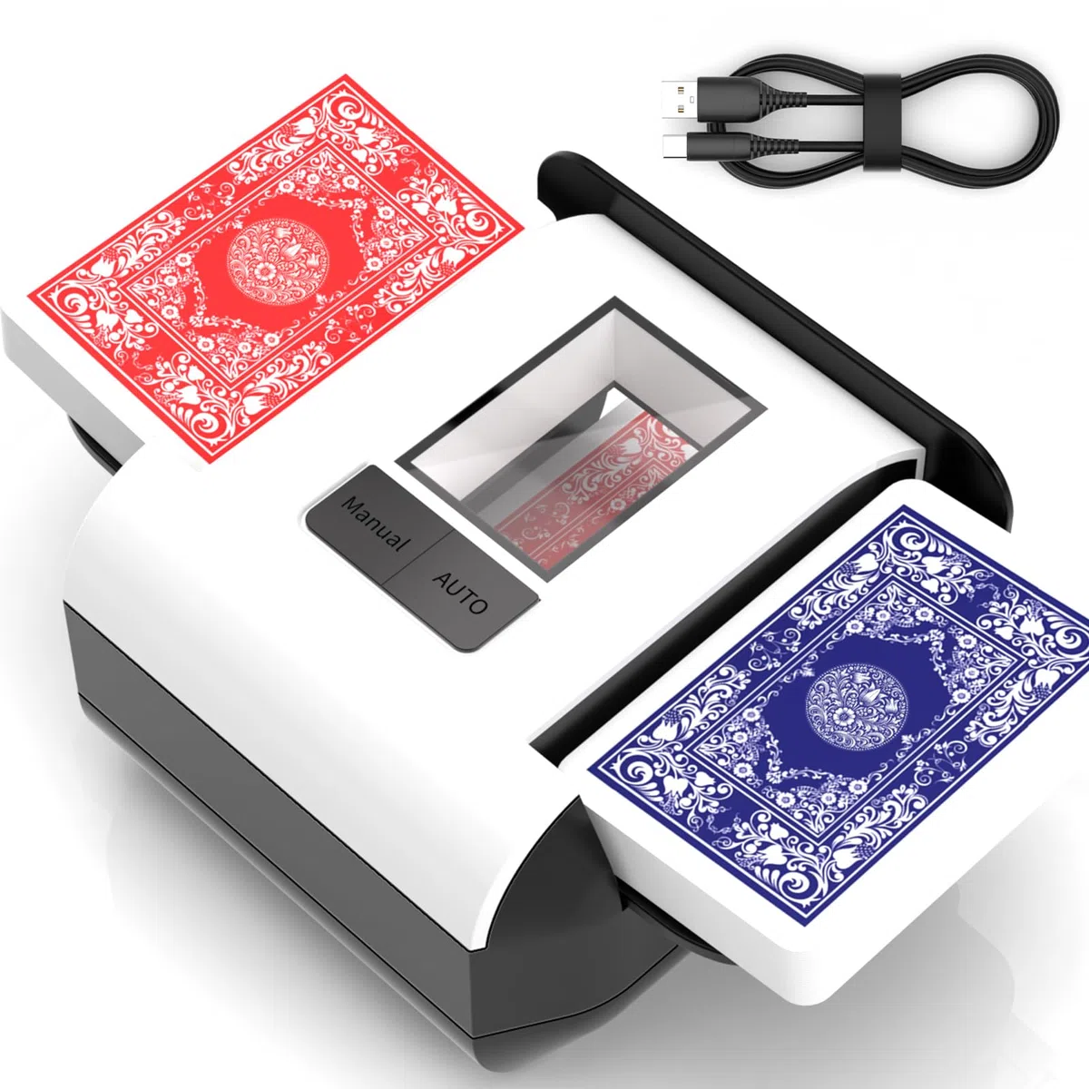 Kartenmischmaschine, Automatischer Kartenmischer für 1–2 Decks, Elektrische Mischmaschine Karten mit 2000mAh Wiederaufladbarer, Geräuscharm kartenmischgerät für UNO Skip Bo Kartenspiel Poker Phase10