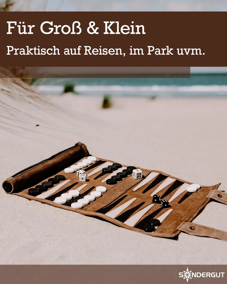 Sondergut Backgammon Brettspiel Mocca - Zum Rollen aus 100% Leder - Das Original seit 1998 Camper & Travel-Fans - 25x34cm