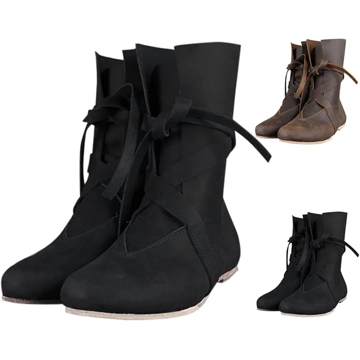 Mittelalter Schuhe Herren Damen,PU-Leder Retro Cowboystiefel für Cosplay Stiefel Weich Bequem Leder Freizeit Schuhe Flache Halbhohe Sommerstiefel Weich Bequem Schnürschuhe Leder Freizeitschuhe