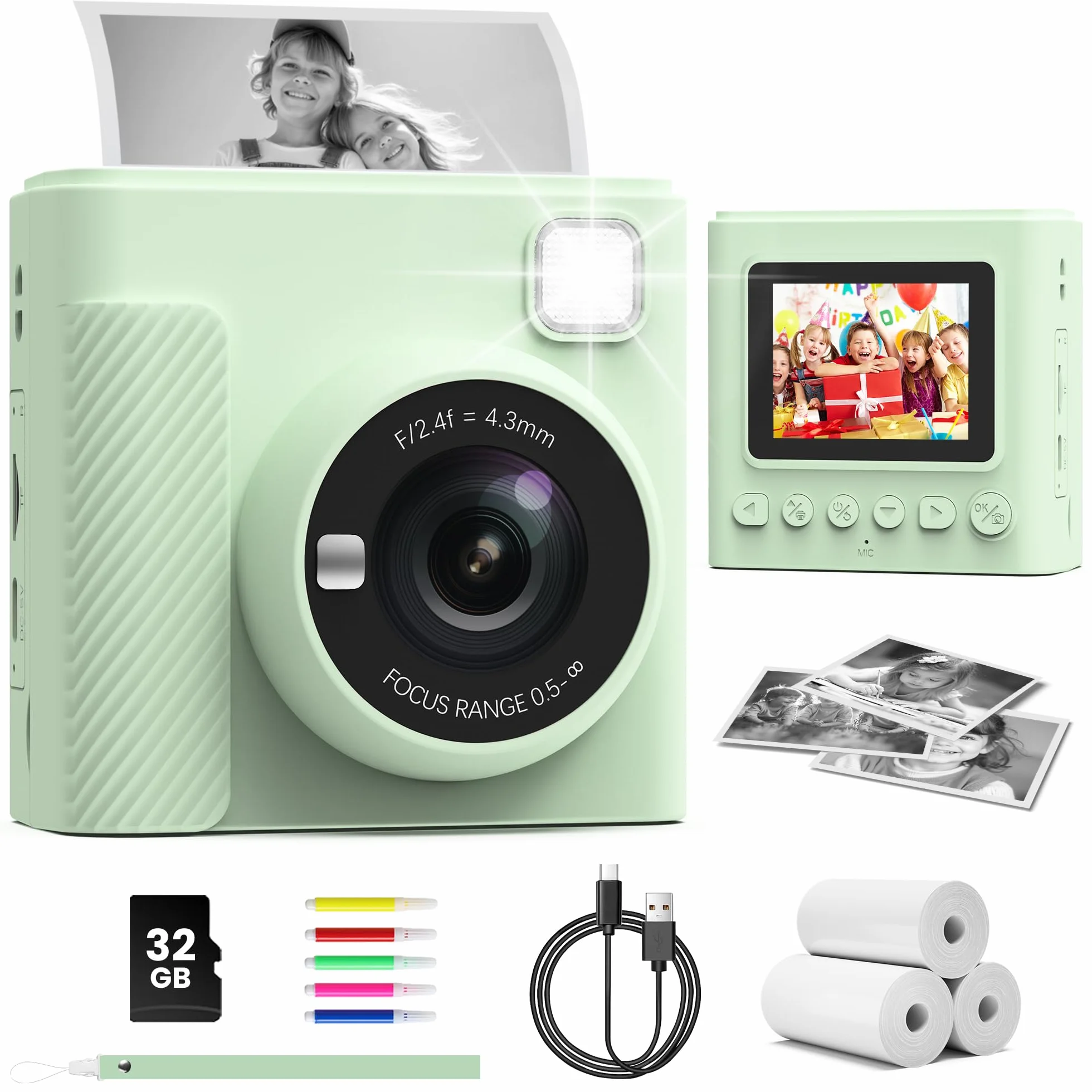 TIATUA Kinderkamera Sofortbildkamera, 2,4 Zoll Sofortbildkamera Kinder mit 32G Karte und Fotopapier Drucken, 1080P HD Digitalkamera Kinder, Geschenke für Jungen und Mädchen 3-12 Jahre (grün)