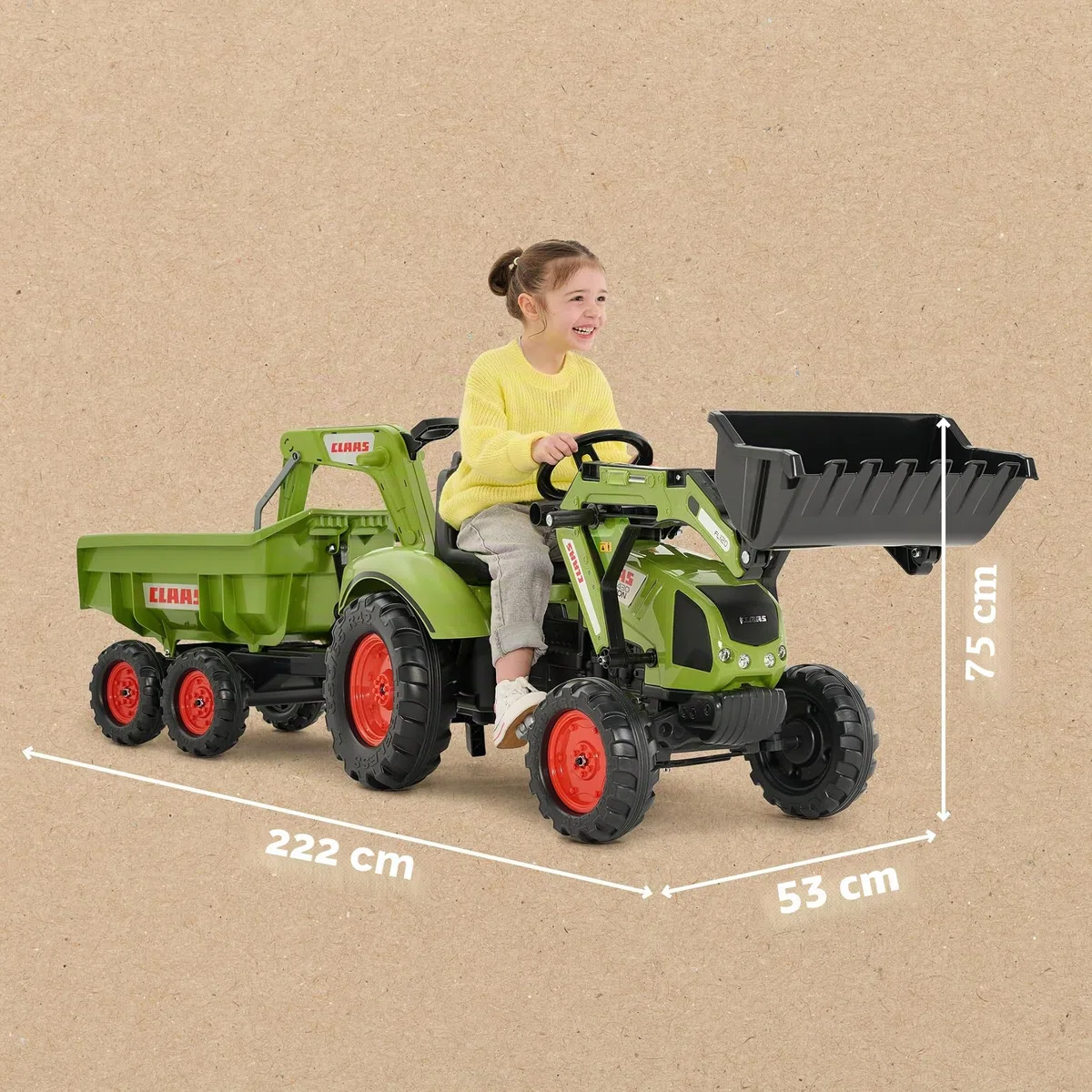 FALK - Bagger mit Pedalen Claas mit Bagger und Maxi-Kippanhänger – ab 3 Jahren Schaufel vorne und Bagger mit Gelenken – Drehbarer Sitz – 2070 W