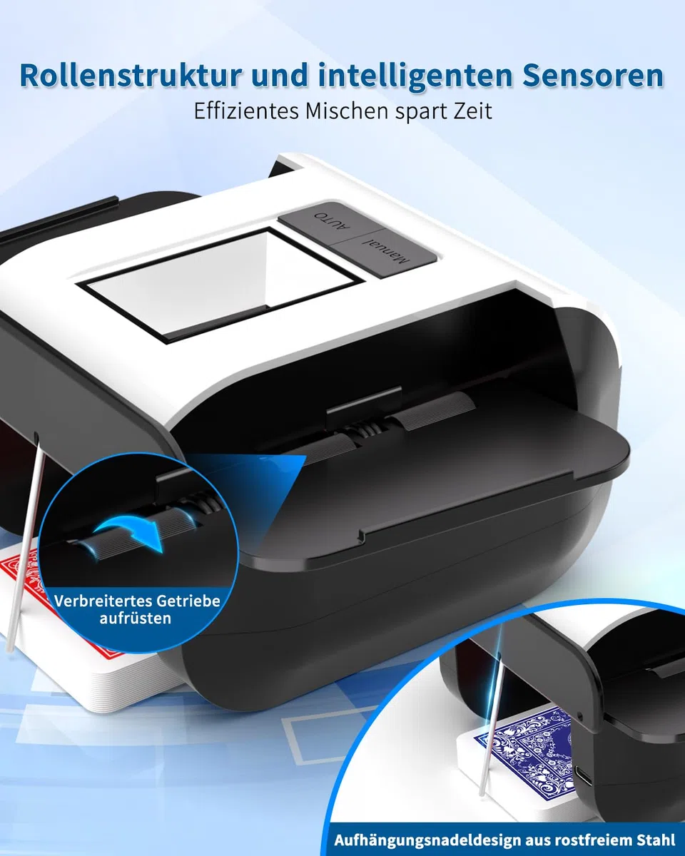Kartenmischmaschine, Automatischer Kartenmischer für 1–2 Decks, Elektrische Mischmaschine Karten mit 2000mAh Wiederaufladbarer, Geräuscharm kartenmischgerät für UNO Skip Bo Kartenspiel Poker Phase10