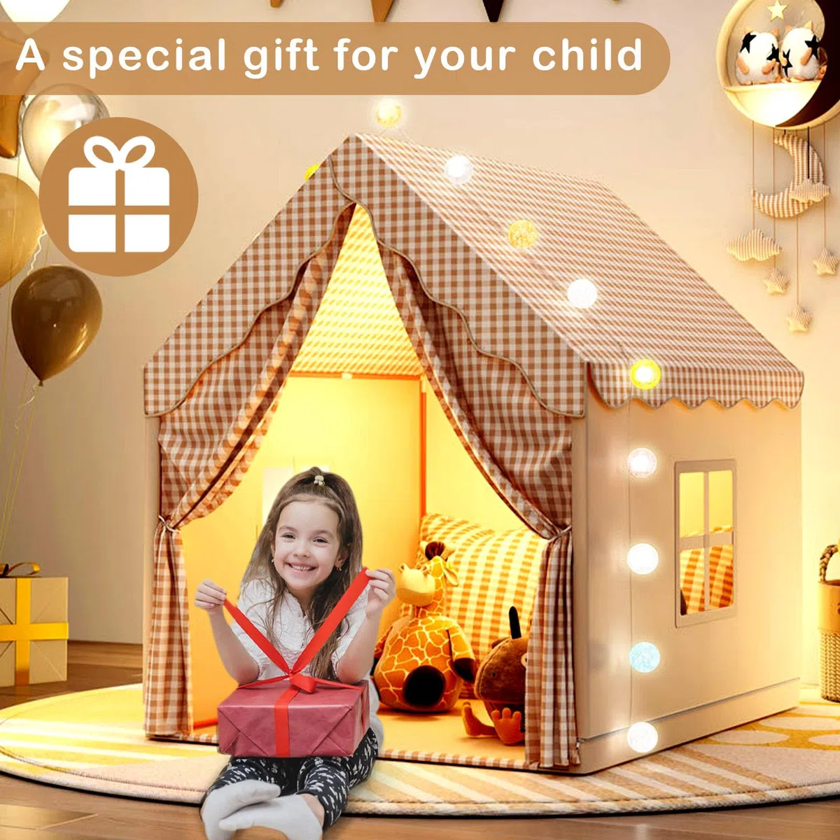 Kinderzelt mit Lichtern und Flaggen, Kinder Bettzelt, Innenbettzelt für Kleinkinder, Spielzelt für drinnen, Prinzessin Zelt mit Fenstern, Kinderspielhaus für Jungen und Mädchen - Khaki (47 * 40 * 51)