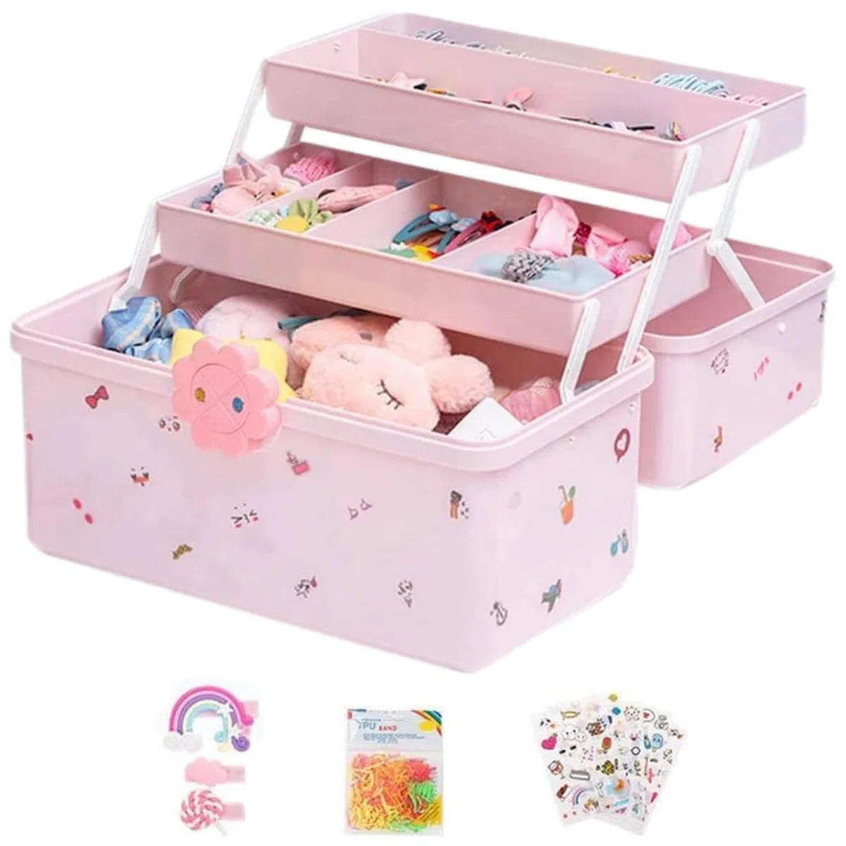 Schmuckkästchen für Mädchen – 3-lagige Haarspange Gummiband-Etui, Geburtstagsgeschenk für kleine Mädchen, Schmuckkästchen mit 6 Aufklebern und 1 Packung Haargummis – Alter 3-15, 29 x 16 x 16