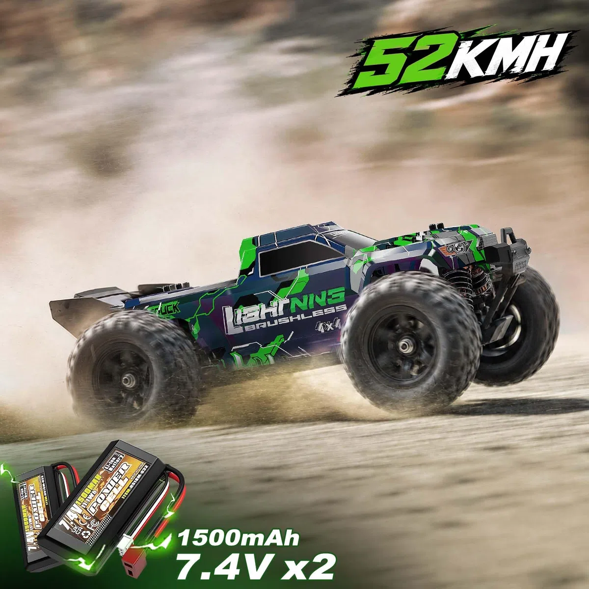Ferngesteuertes Auto 1:18 Brushless 4WD RC Auto 52 km/h für Erwachsene & Kinder ab 10 Jahren, RTR Offroad RC Auto mit ölgefüllten Stoßdämpfern, Vollmetall-Antrieb, 2 Akkus & 2 Karosserien
