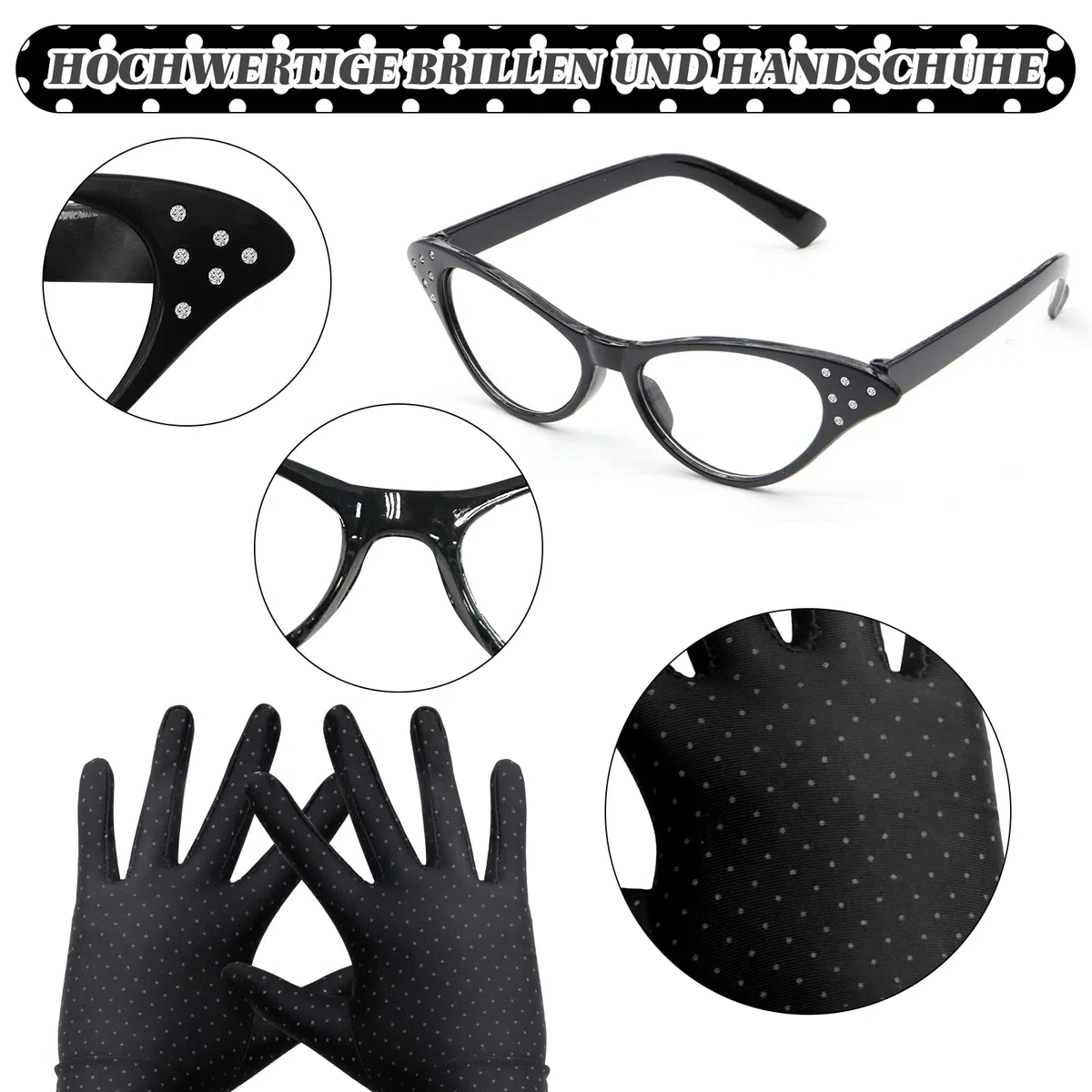 VEGCOO 6 Teiliges Rockabilly Accessoires Damen,50er Jahre Kostüm Damen Vintage Kleidungszubehör einschließlich Stirnband Handschuhe Brillen Requisiten Set