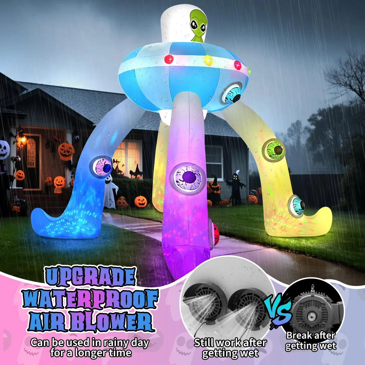 Kalolary 12FT Halloween Hüpfburgen, riesiger Alien Bogen mit integrierten bunten Blinklichtern,Halloween Dekoration für den Außenbereich, für Garten, Rasen und Innenräumer (Alien UFO Torbogen)