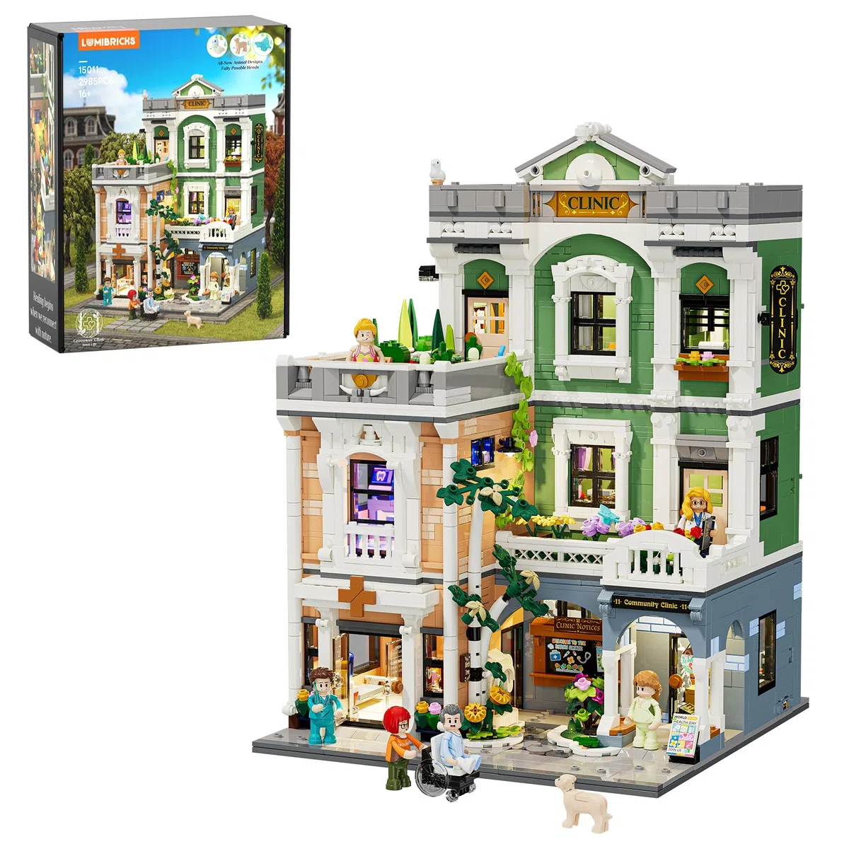 Lumibricks Greenway Clinic Beleuchtetes Baukasten-Set, 2985 Teile modulares Stadtstraßen-Medizinzentrum Architektur-Modellbausatz, geschenkfertiges Sammler-Architektur-Set für Erwachsene