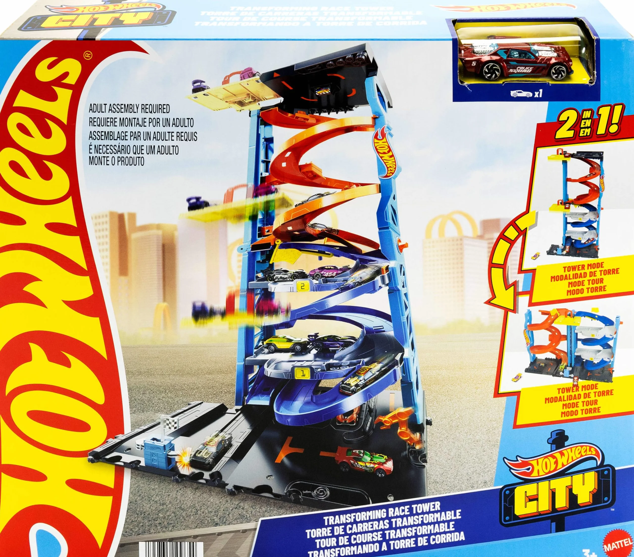 Hot Wheels City Trackset mit 1 Hot Wheels Auto, 2-in-1-Rennturm, von Einzelbahn in zweispurige Rennbahn umwandelbar, manueller Aufzug, HKX43