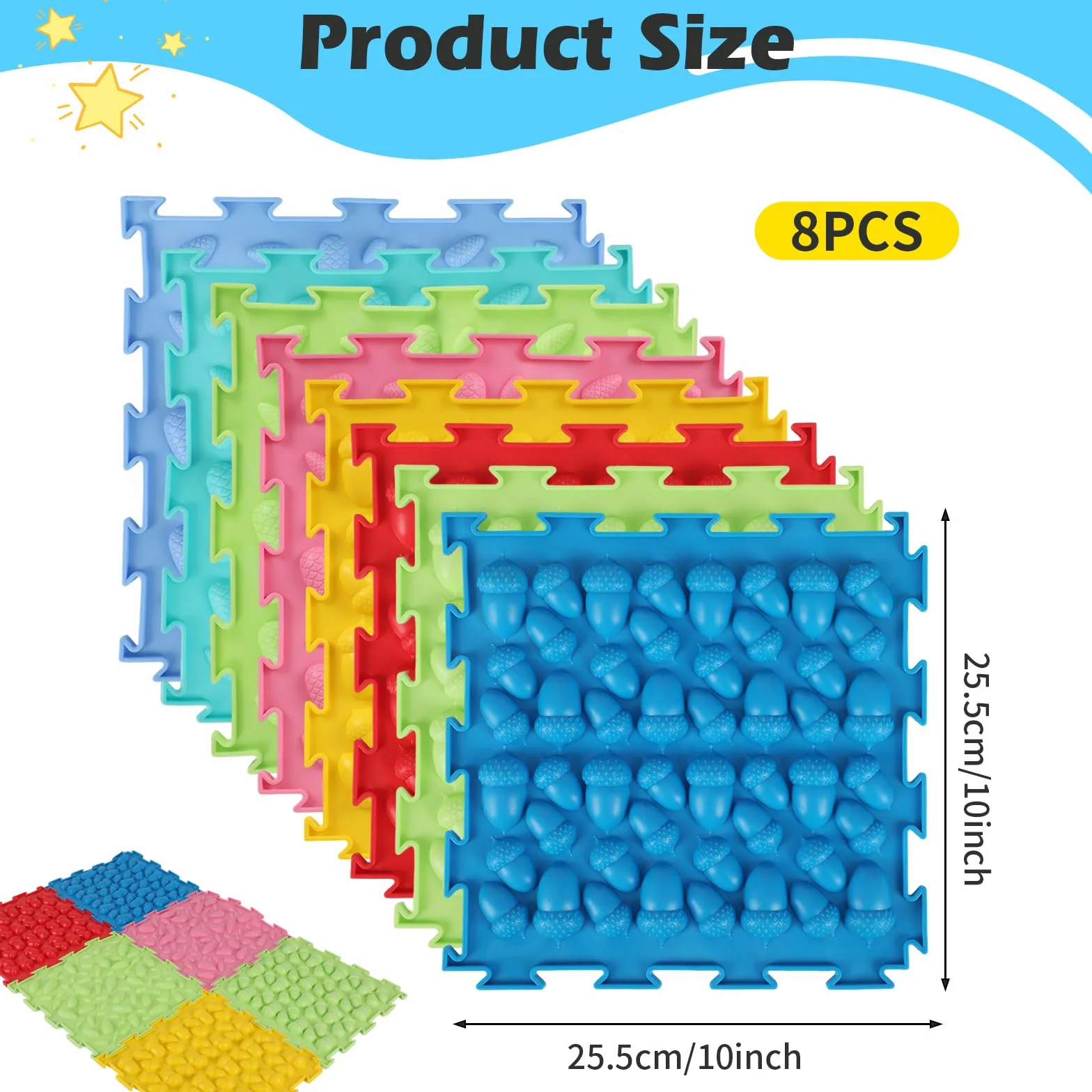 Massage Puzzle Sensorische Bodenmatte,8 Stück 25.5x25.5cm Orthopädische Sensorik Strukturmatten Spielmatte Puzzlematte für Taktile Wahrnehmung,Sinnesmatten