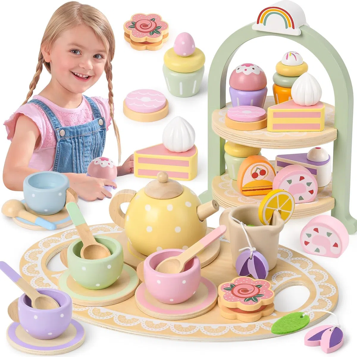 Atoylink Teeservice Kinder Holzspielzeug Kinderküche Zubehör Holz Teeparty Set mit Spielküche Holz Cupcake Ständer Teekanne Teetassen Teeset Rollenspiel Geschenk für Kinder Mädchen 3 4 5 6 7+ Jahre