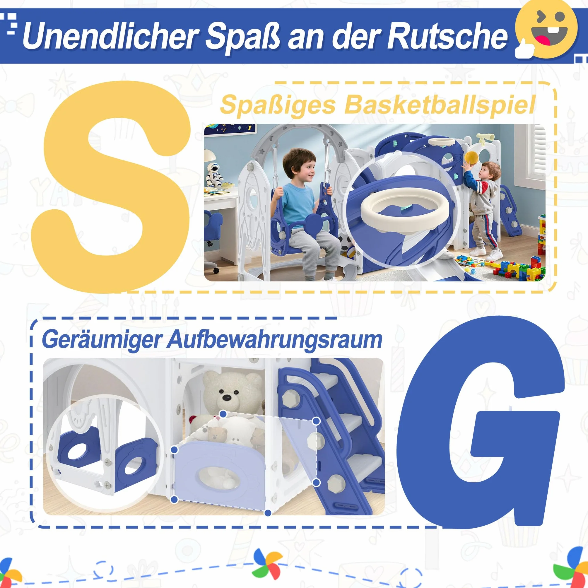 Aufun 7-in-1 Kinderrutsche für Kleinkinder, Multifunktionales Spielset mit Schaukel, Rutsche, Basketballkorb, Tunnel, Stauraum, Kletterleiter, Werkzeugfreie Montage Freistehenderutsche Spielzeug