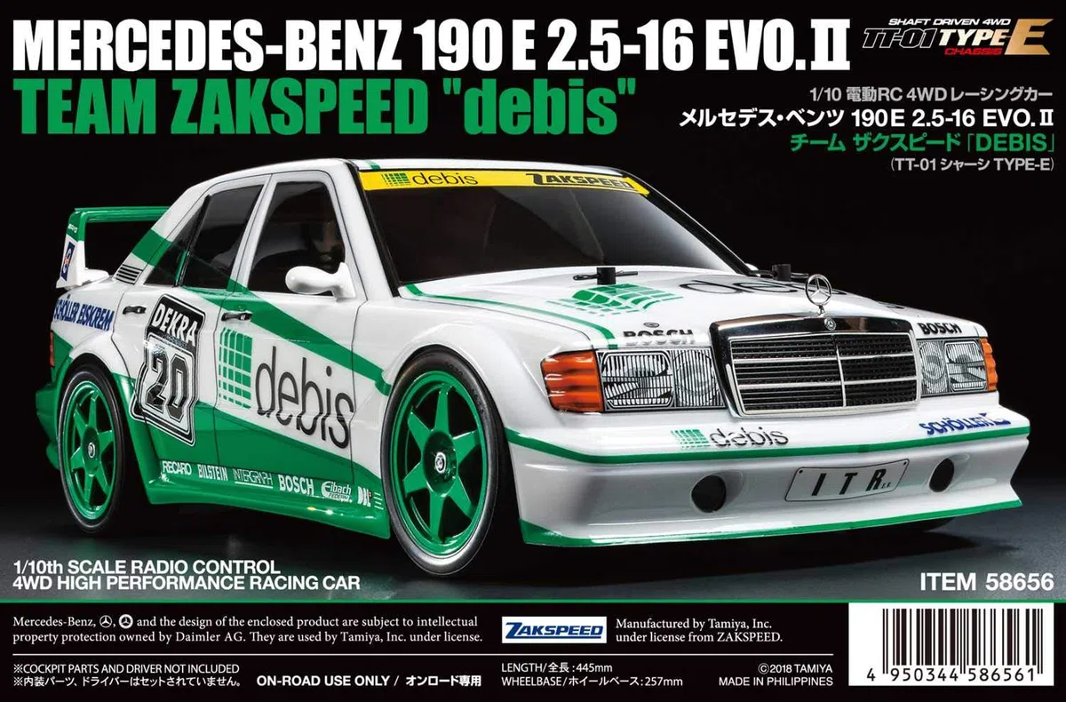TAMIYA 58656 - 1:10 RC MB 190E debis Zakspeed TT-01E, ferngesteuertes Auto/ Fahrzeug, Modellbau, Bausatz, Hobby, Basteln, Modell, Zusammenbauen, Unlackiert
