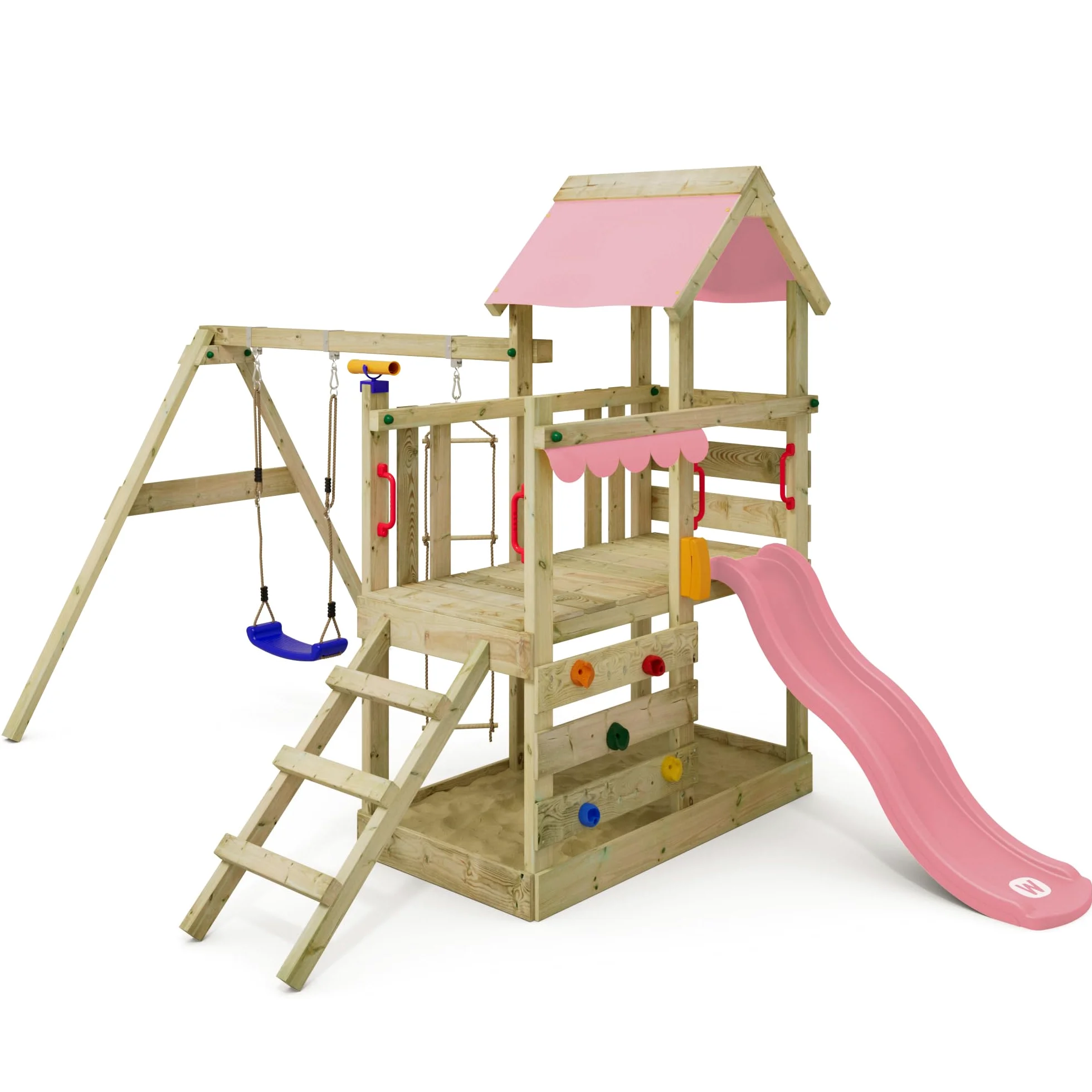 WICKEY Spielturm TurboFlyer Klettergerüst, Pastellpink | Mit Schaukel & Rutsche, Sandkasten, Leiter & Spiel-Zubehör, Outdoor für Garten