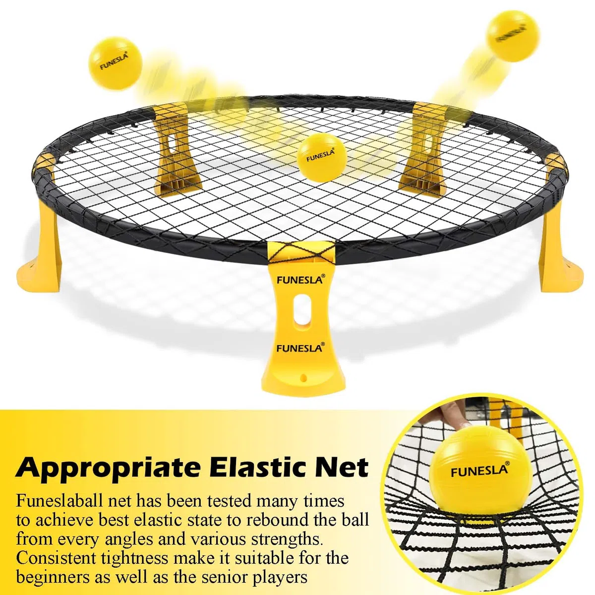 Funeslaball Outdoor Spieleset, Roundnet Spieleset, Outdoor Team Ballspiel bestehend aus Spielnetz, 3 Bällen, Kordelzug, Ballpumpe und Handbuch