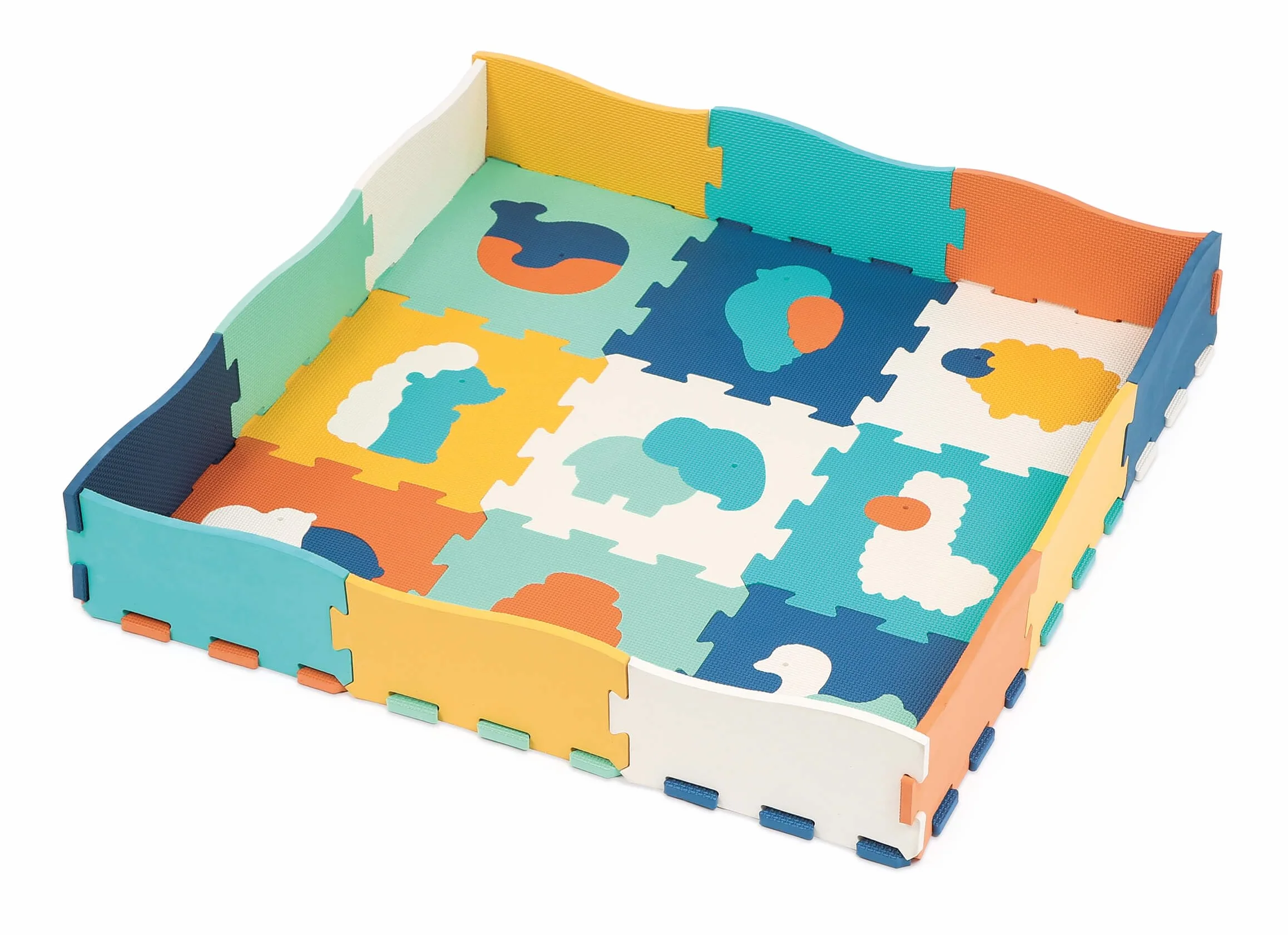 LUDI Puzzlematte mit Rand – 25 Schaumstoffplatten mit Tiermotiven – Baby Spielmatte ab Geburt – Stoßdämpfend & isolierend – Eva – 120 x 120 x 1,2 cm