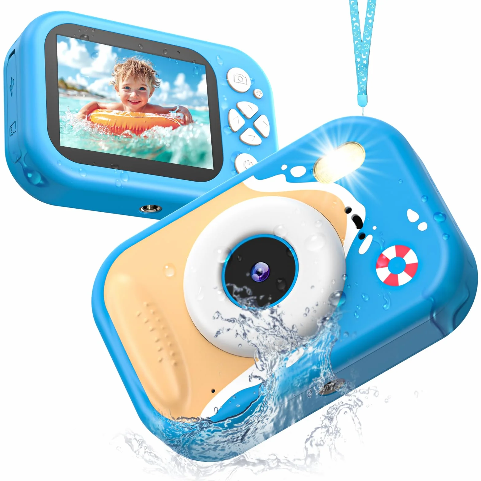 wasserdichte Kamera für Kinder, 48MP 1080P Kinderkamera Digitalkamera Unterwasser Kamera Kinder mit 2,4 Zoll Bildschirm TF-Karte Notfall-LED-Blitz, Geschenk für 3-12 Jahre Mädchen Jungen,Blau