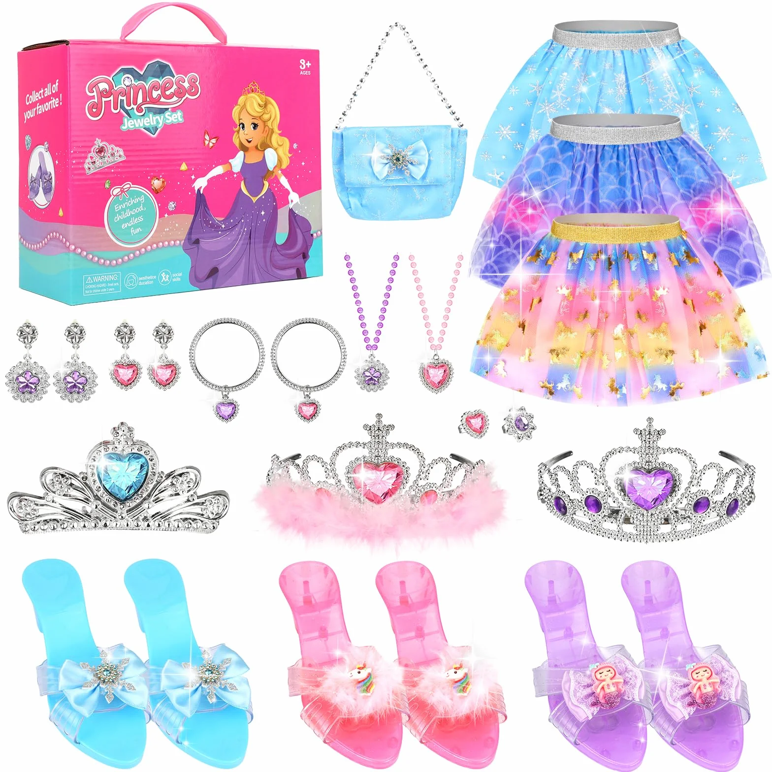 Prinzessin Kleid Prinzessin Schuhe Mädchen Geldbörse Spielzeug Schmuck Prinzessinnen Zubehör Verkleidungskiste Weihnachten Geburtstags Geschenke für 3 4 5 6 7 Jährige Mädchen