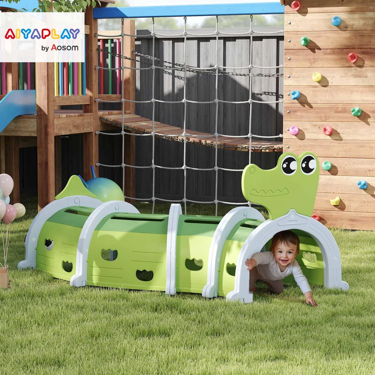 AIYAPLAY Spieltunnel 194 cm Kinder Tunnel aus HDPE Krabbeltunnel in Cartoon-Krokodil Kriechtunnel für Kinder 3-6 Jahre, Grün