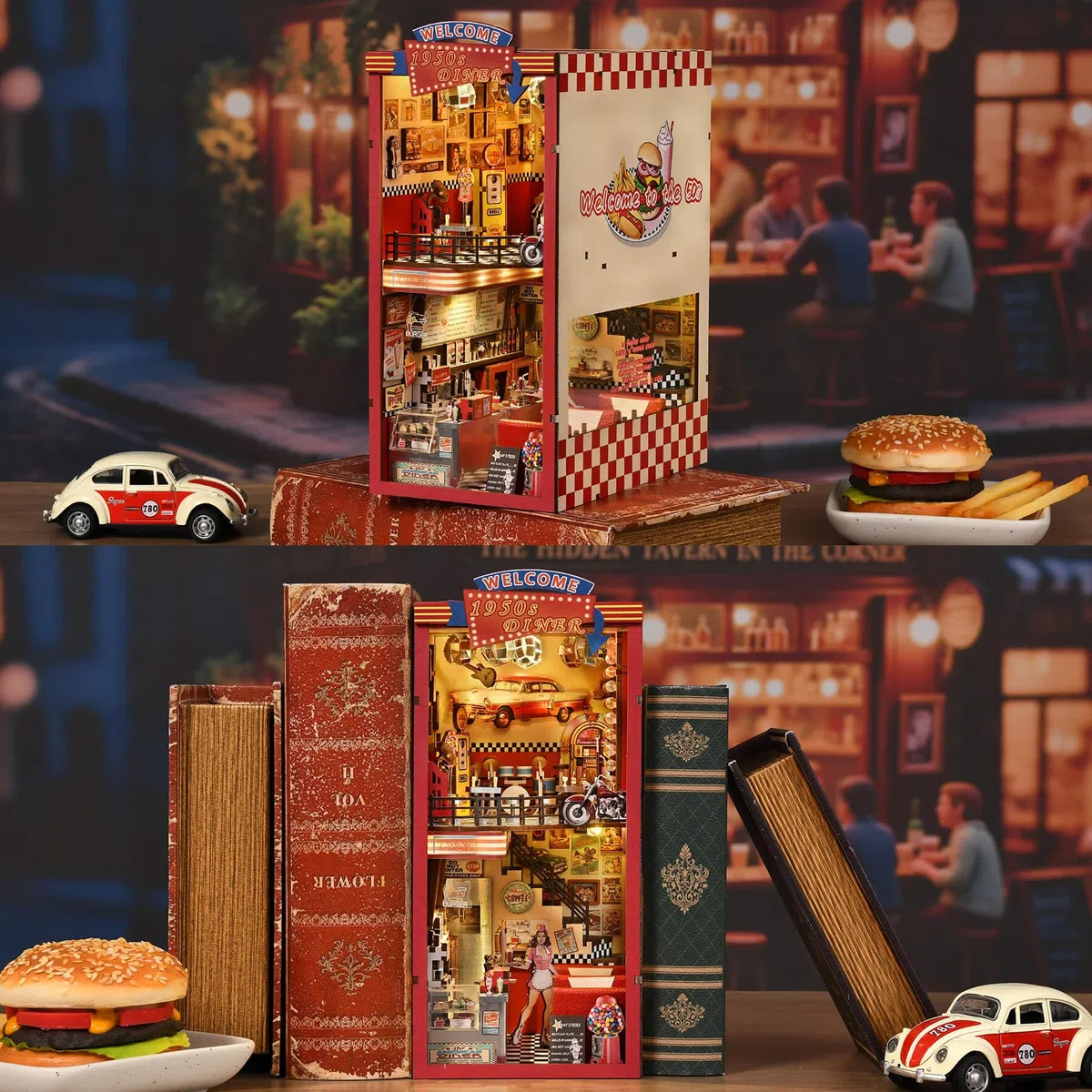 fifijoy Book Nook Kit - DIY Miniaturhaus Puppenhaus Kit für Erwachsene und Jugendliche, Booknook Retro Diner Bücherregal Dekor 3D Holzpuzzle mit LED-Licht, Geschenke für Familie und Freunde (1950er