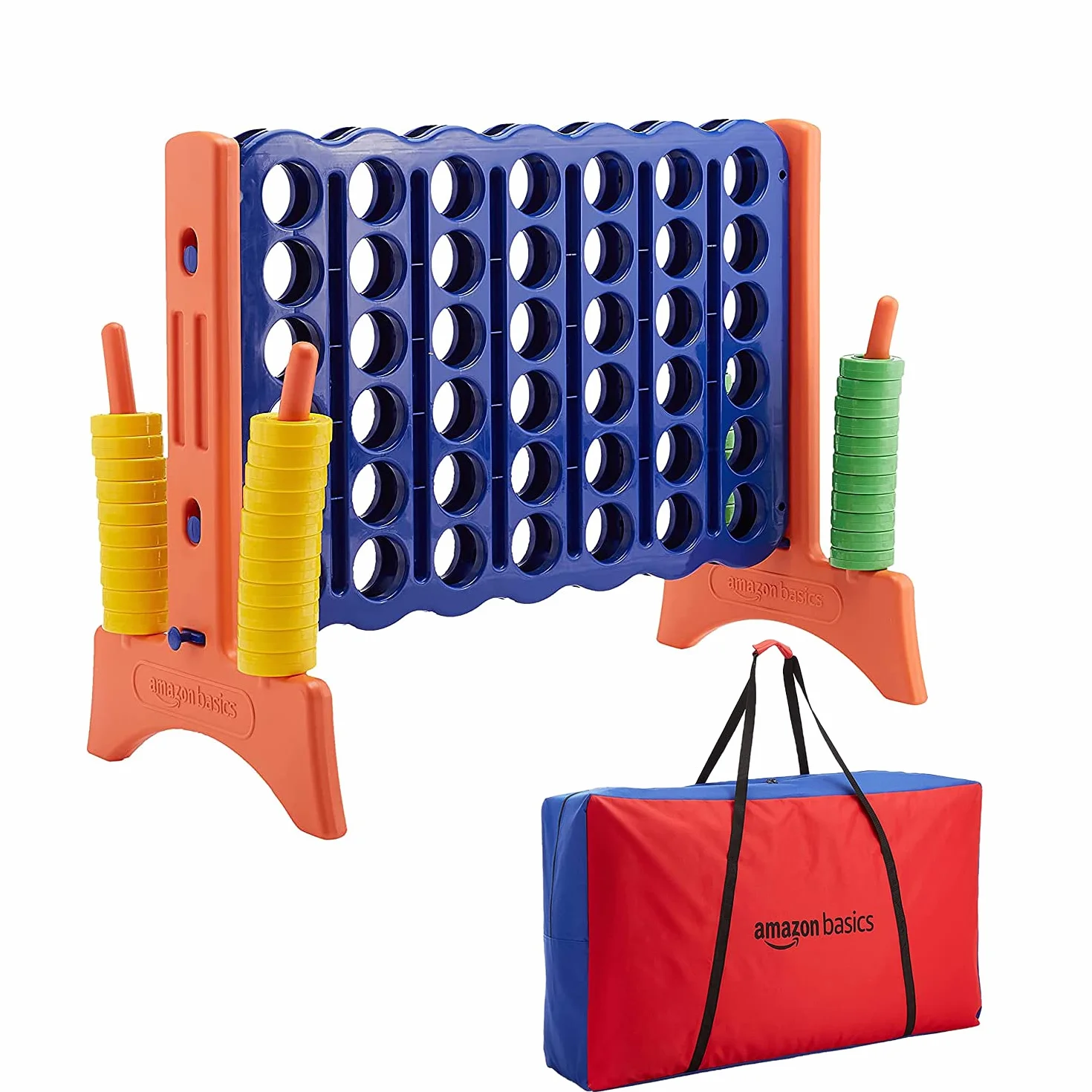 Amazon Basics 4-gewinnt-Spiel, Junior-Riesen-Edition, BPA-frei, für Kinder und Erwachsene, mit Tragetasche, tolles Geschenk, blau, gelb, rot, grün, Groß