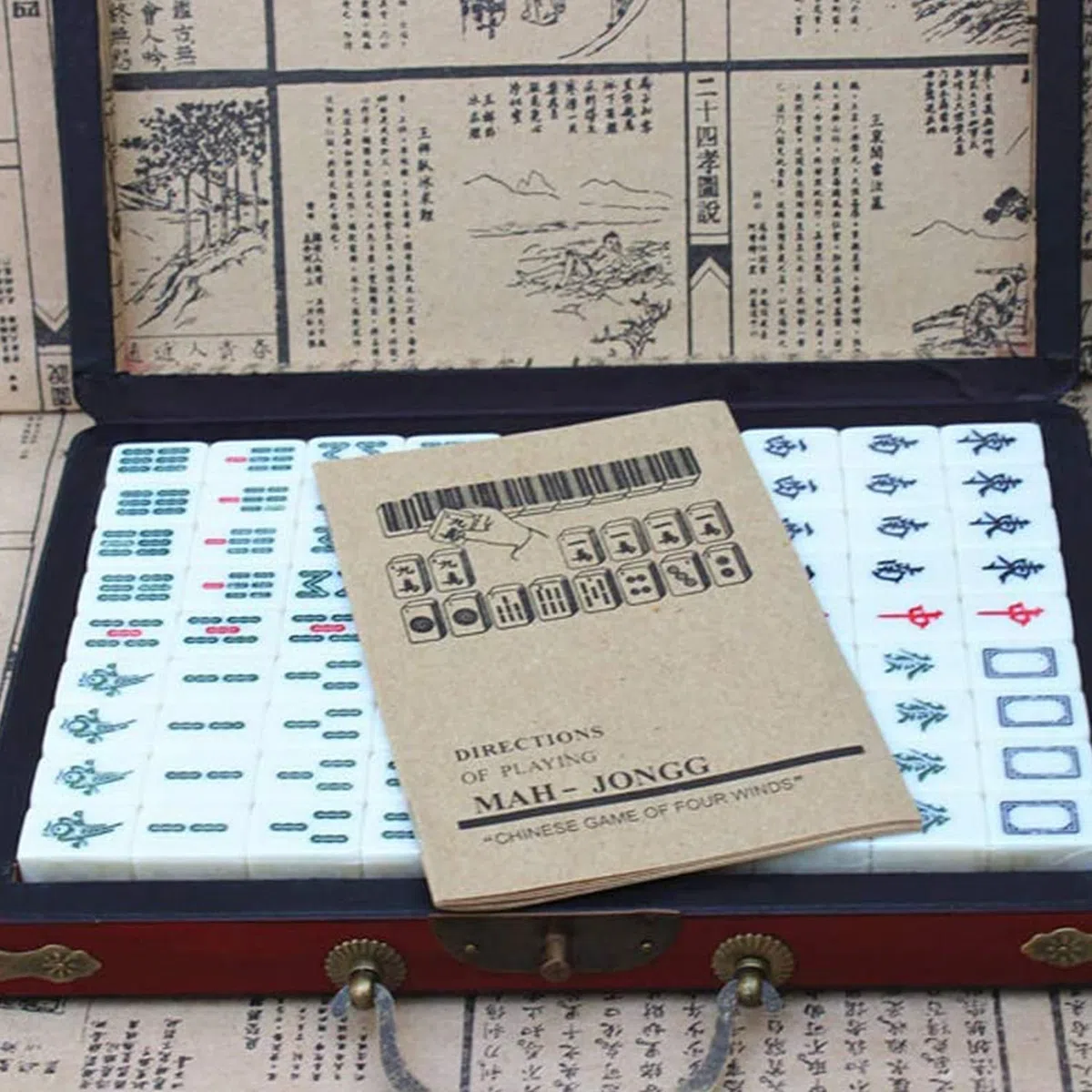 144 Mahjong Fliesen, Antique Mahjong Anzug Mahjong Set Reise Tragbares chinesisches Mah Jong antikes Familienspiel Töte langweilige Zeit für Erwachsene, lustige kleine Spiele