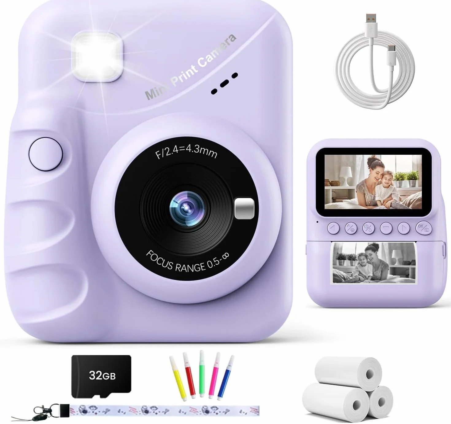 TIATUA Kinderkamera Sofortbildkamera, 48MP 3.0 Zoll Sofortbildkamera Kinder mit 32G Karte & 3 Rollen Druckpapier, Geschenke für Jungen & Mädchen von 3-12 Jahren (lila)