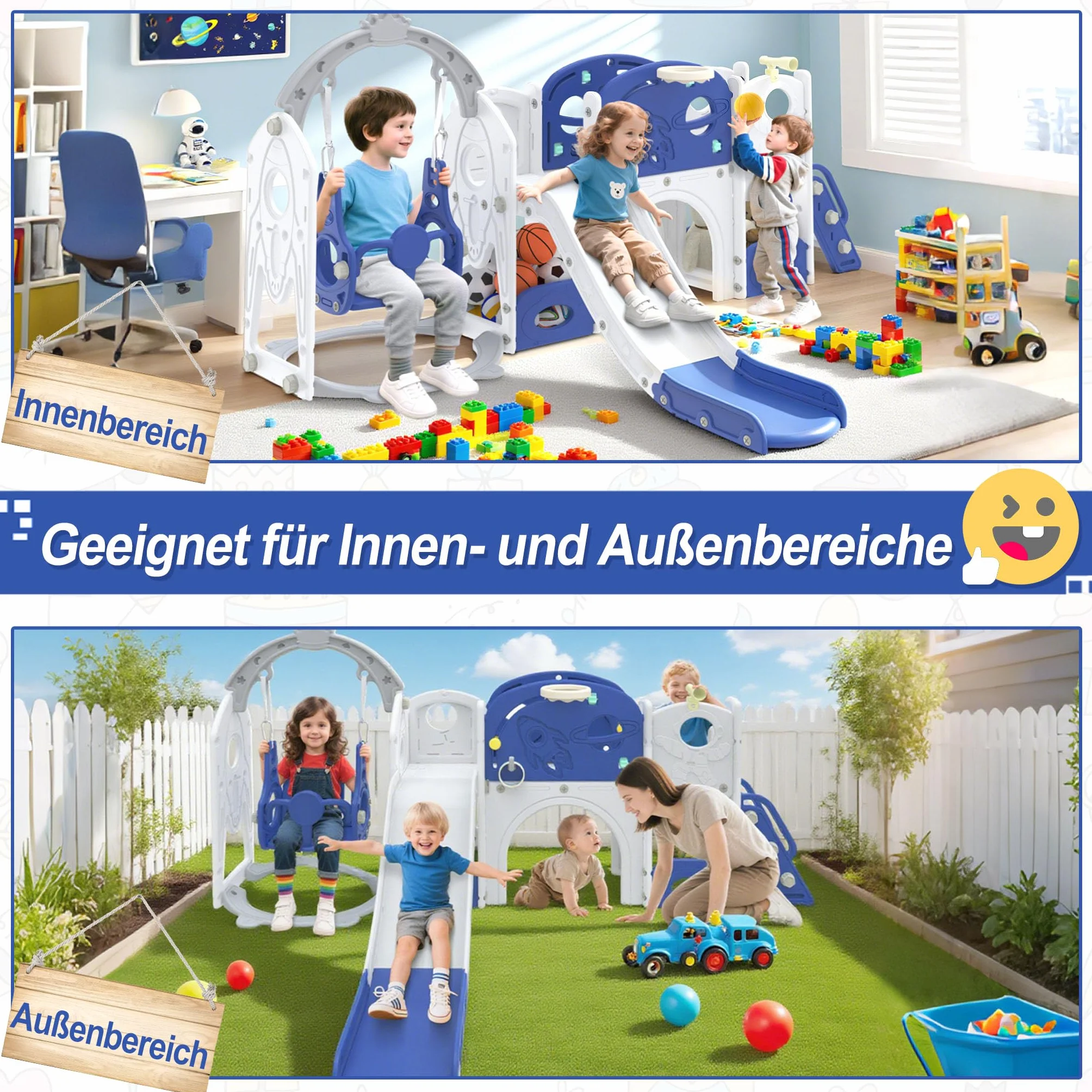 Aufun 7-in-1 Kinderrutsche für Kleinkinder, Multifunktionales Spielset mit Schaukel, Rutsche, Basketballkorb, Tunnel, Stauraum, Kletterleiter, Werkzeugfreie Montage Freistehenderutsche Spielzeug