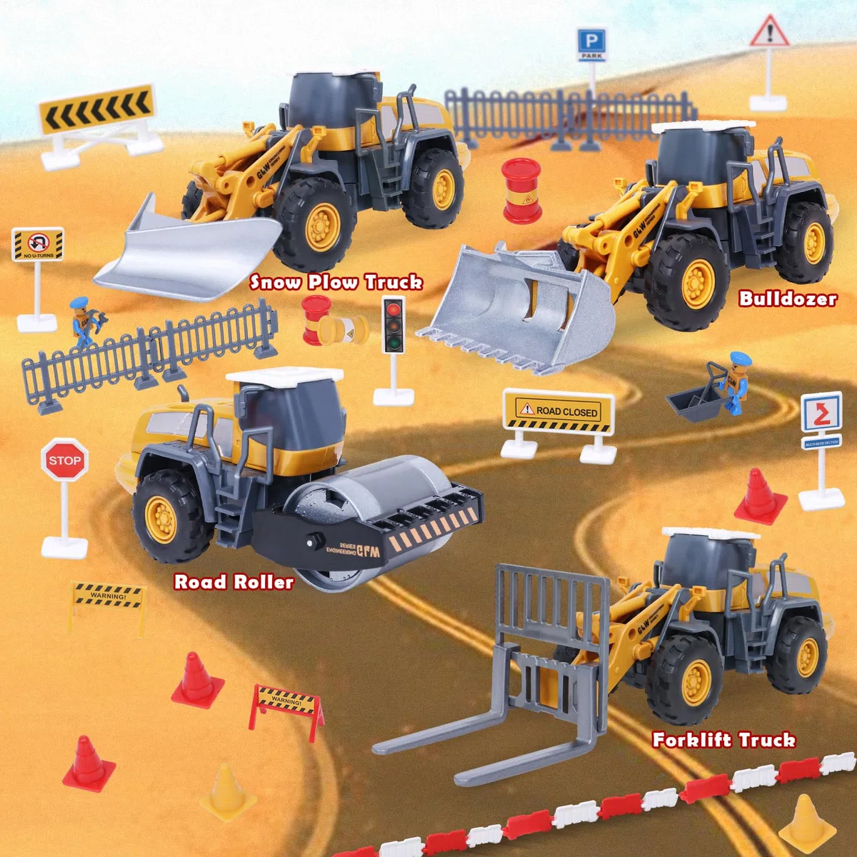 Tacobear Baufahrzeuge Kinder groß LKW Fahrzeug Spielzeug Geschenke ab 3 4 5 6 7 Junge mit Kran Spielzeug Bulldozer Dampfwalze Gabelstapler Konstruktionsfahrzeuge Geburtstag Geschenkideen Kinder Jungen