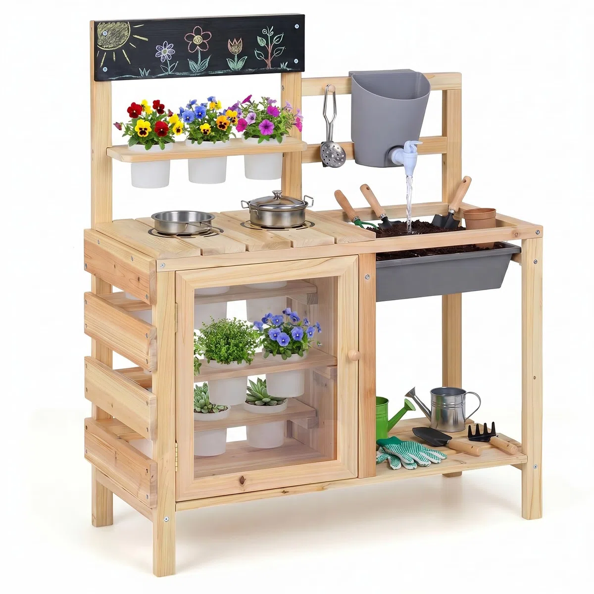 COSTWAY Matschküche Kinder, Outdoor Spielküche mit Herd, Spüle, Wassertank, Pflanztöpfen und Kreidetafel, Holz Gartenspielzeug, Kinderküche für Jungen und Mädchen ab 3 Jahren
