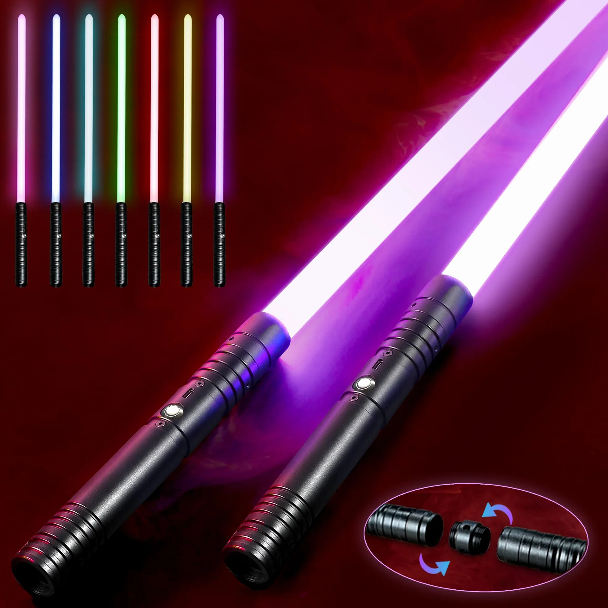 Laserschwert Kinder und Erwachsene - Lichtschwert 2er Set | USB Wiederaufladbares Doppel Leuchtschwert | Doppelklingen Lichtschwerter mit 15 Farben & Soundeffekten | Schwert mit Schwarzem Metallgriff