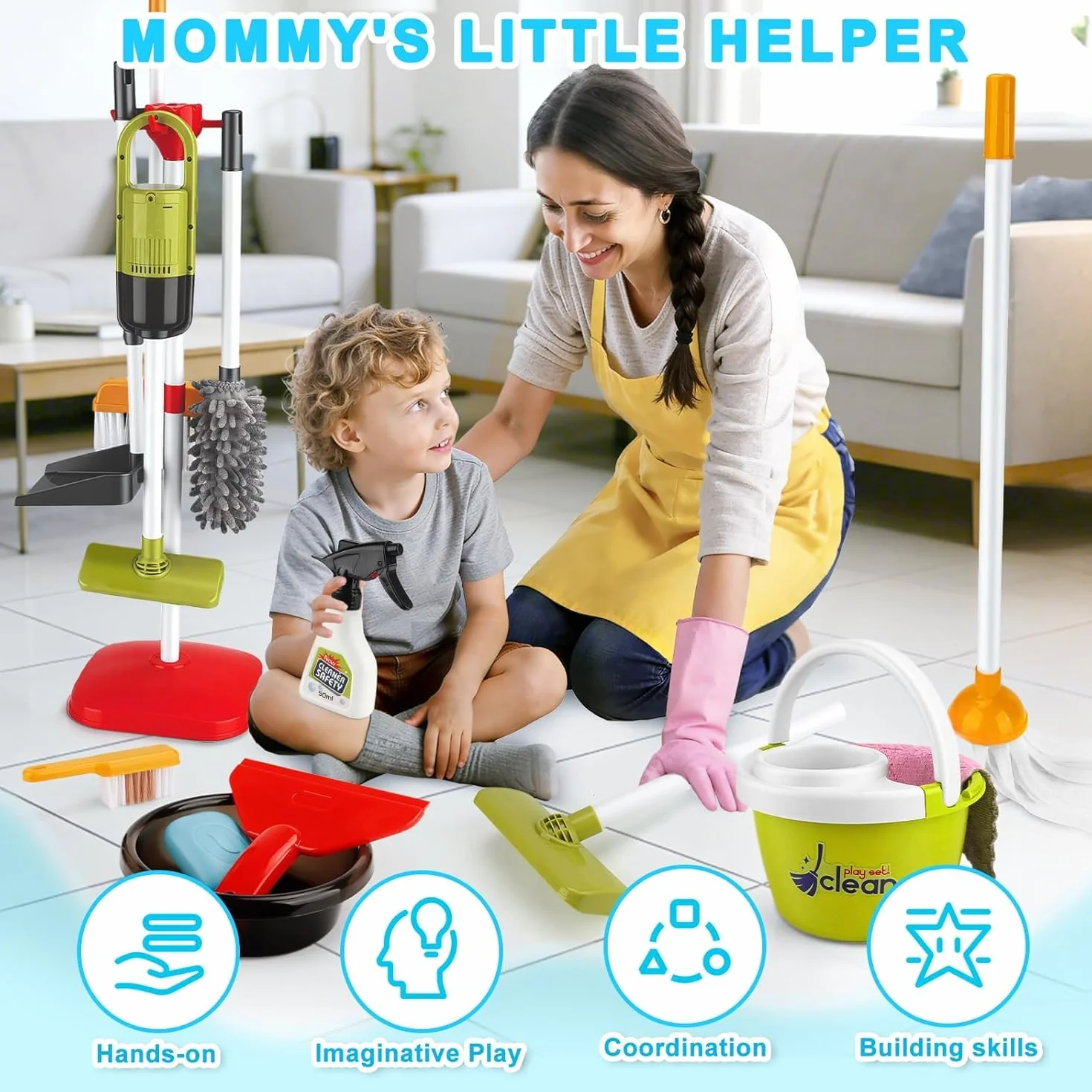 Kinderstaubsauger Mit Saug und Soundfunktion,14pcs Kinder Reinigung Set,Putzset für Kinder, Kinderbesen Set Spielzeug für ab 3 Jahren (grün)