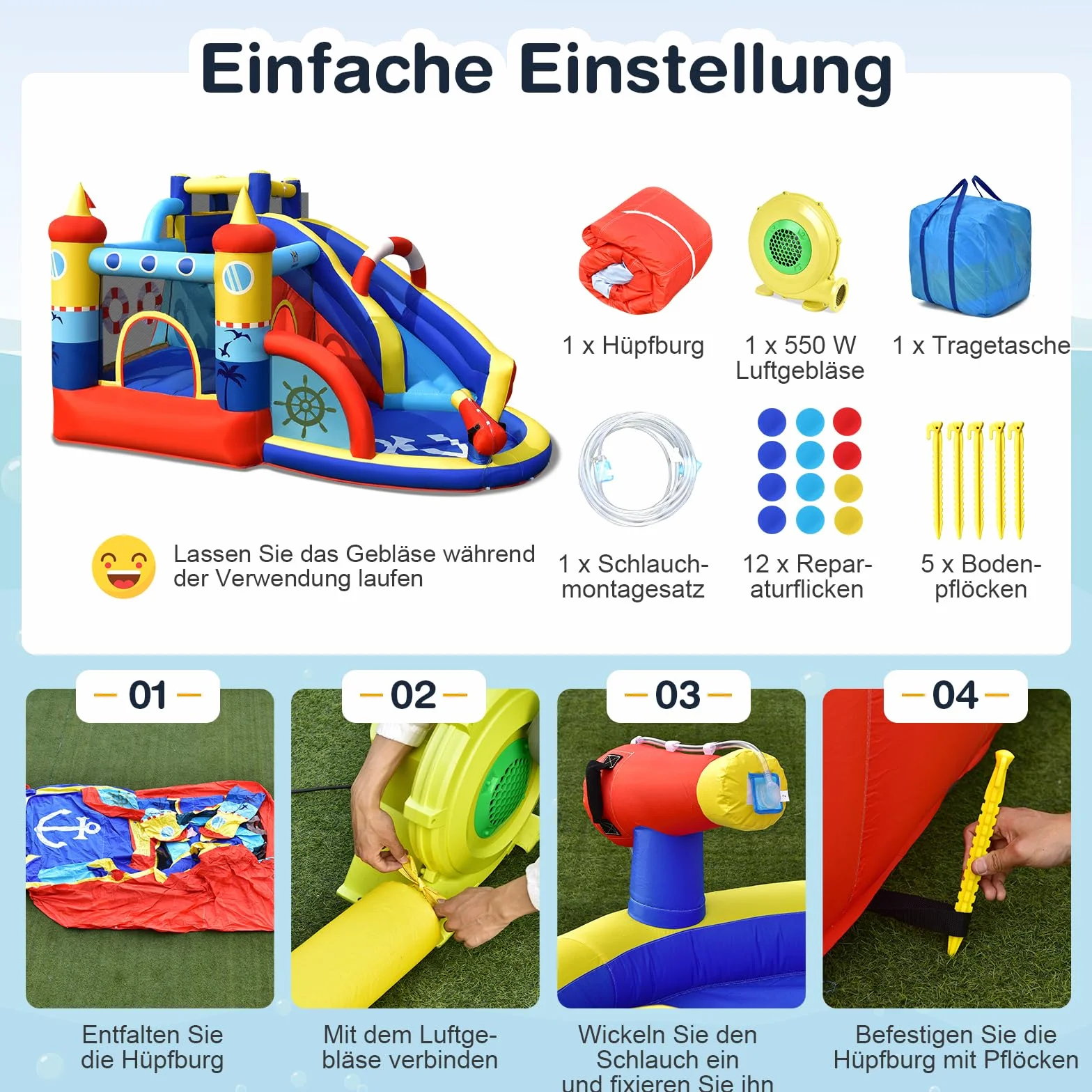 COSTWAY Aufblasbare Hüpfburg mit 550W Gebläse, 6-in-1 Wasserpark mit Rutsche, Planschbecken & Wasserkanone, Outdoor Bouncer Hüpfschloss Springburg für Kinder, Garten, 360 x 290 x 200 cm