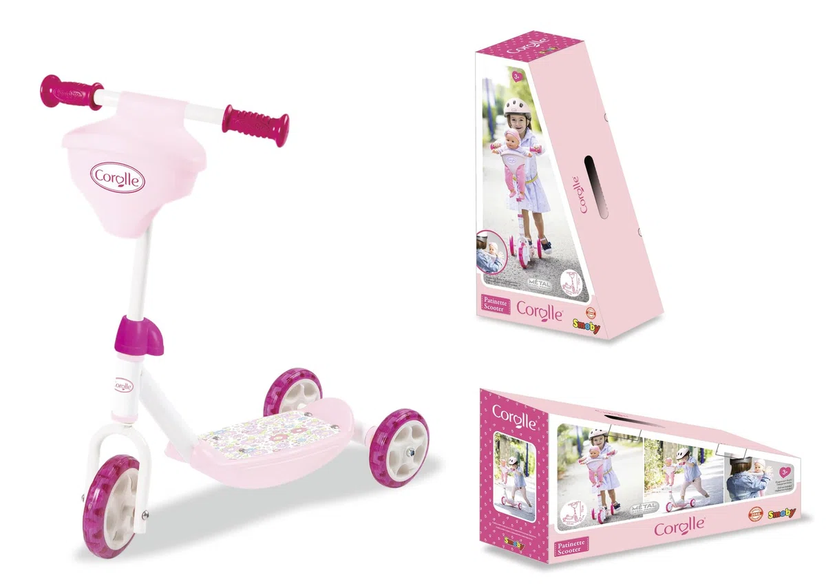 Smoby - Corolle Kinderroller - 3 Räder - Höhenverstellbarer Lenker - Puppensitz - rutschfeste Trittfläche - Stabile Konstruktion - Ab 3 Jahren