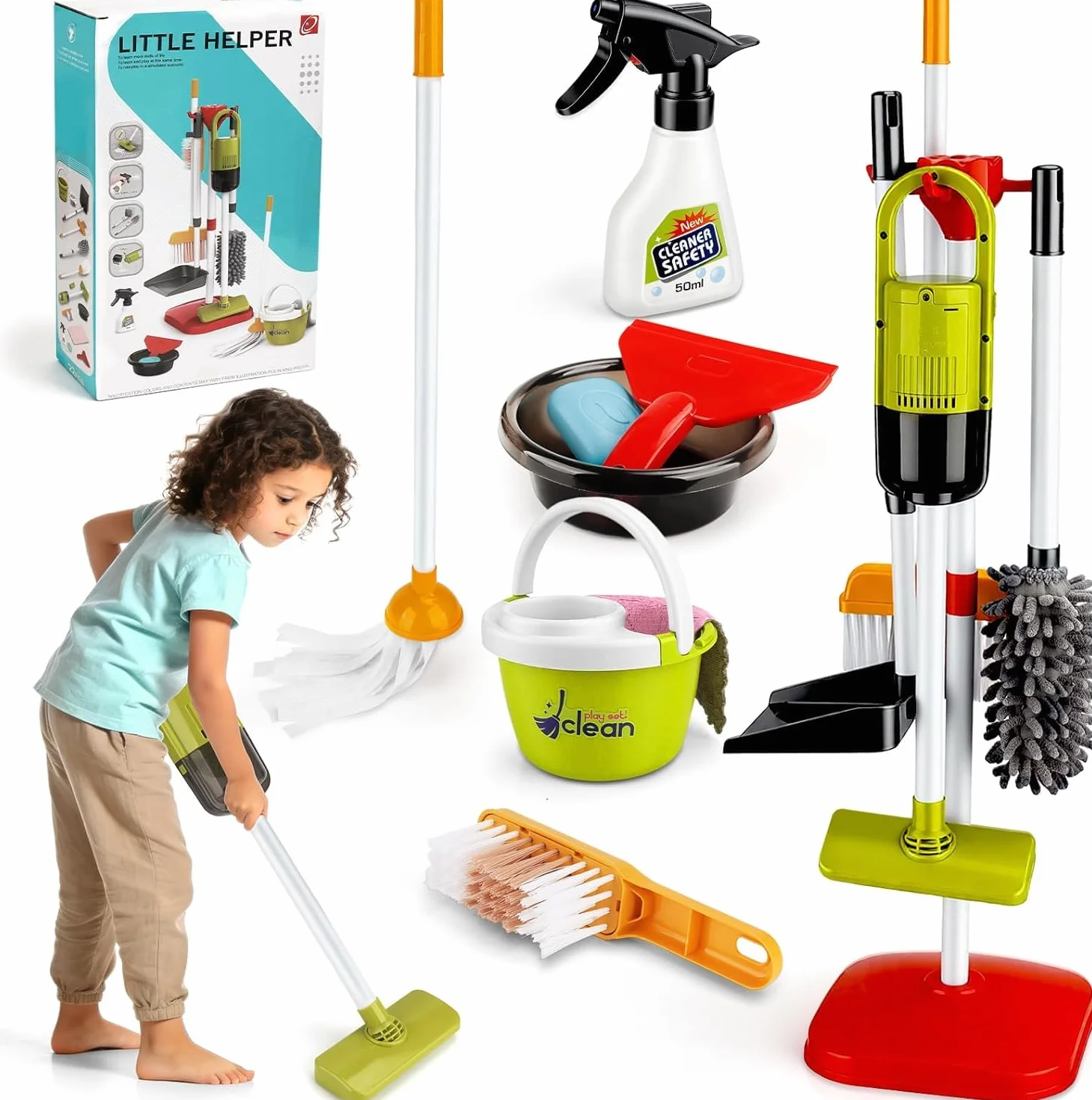 Kinderstaubsauger Mit Saug und Soundfunktion,14pcs Kinder Reinigung Set,Putzset für Kinder, Kinderbesen Set Spielzeug für ab 3 Jahren (grün)