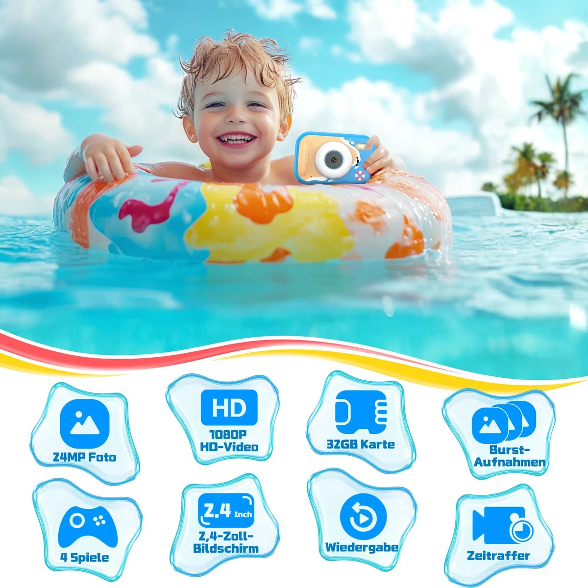 Unterwasserkamera Kinder, 10M/32.8FT Kinderkamera wasserdichte Kamera Kinder mit 2,4" Bildschirm, 32GB-Karte, Notfall-LED-Blitz, 1080P Fotoapparat Kinder Geschenk für 3-12 Jahre Mädchen Jungen